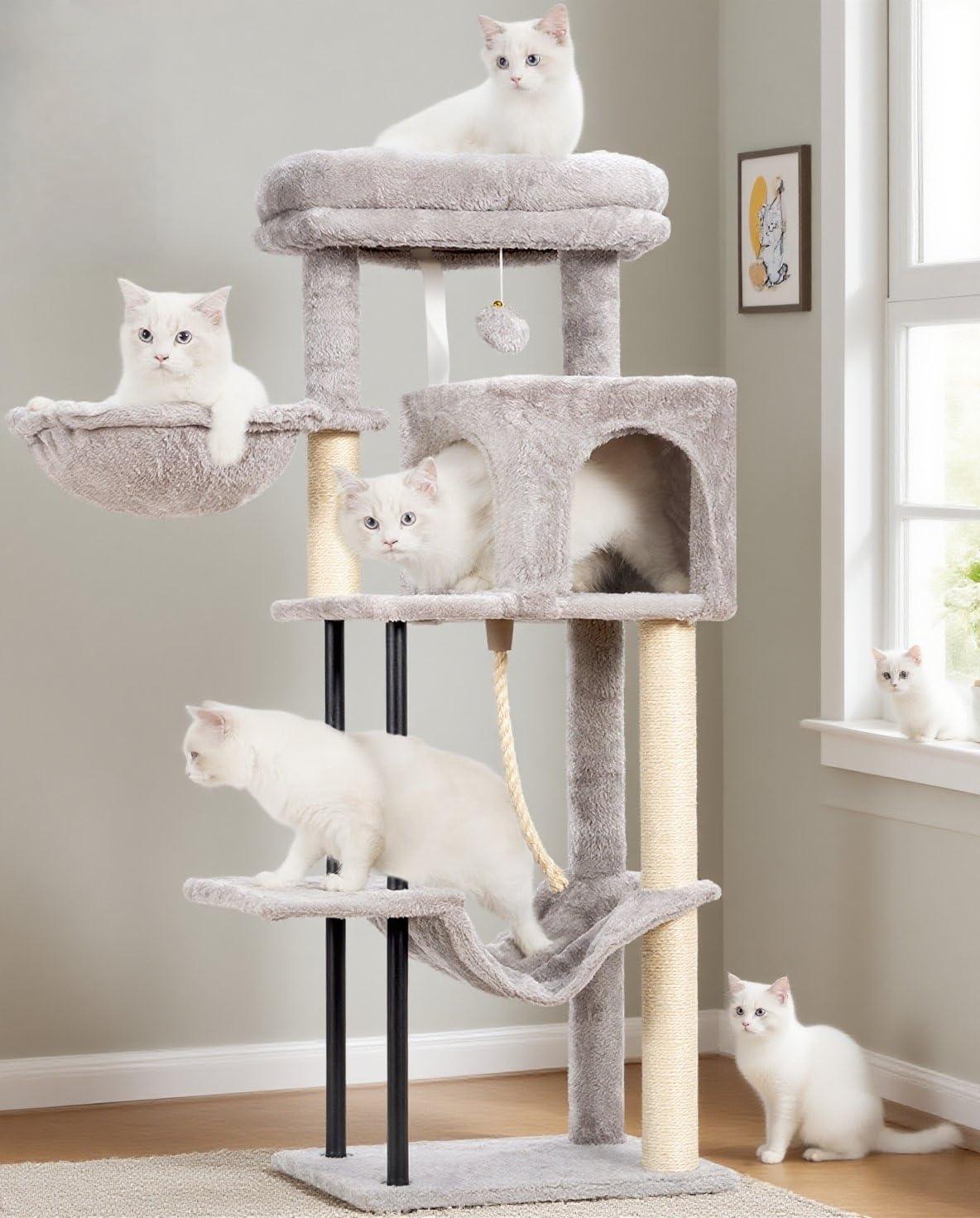 Gitelsnour Cat Tree, Cat Tower for Indoor Cats, 43.3 inch Cat Tree Tower with Sturdy Steel Tube, Cat Hammock, Cat Condo for Small Cats and Kittens, Cat Scratching Post, Light Gray GCT004SW
