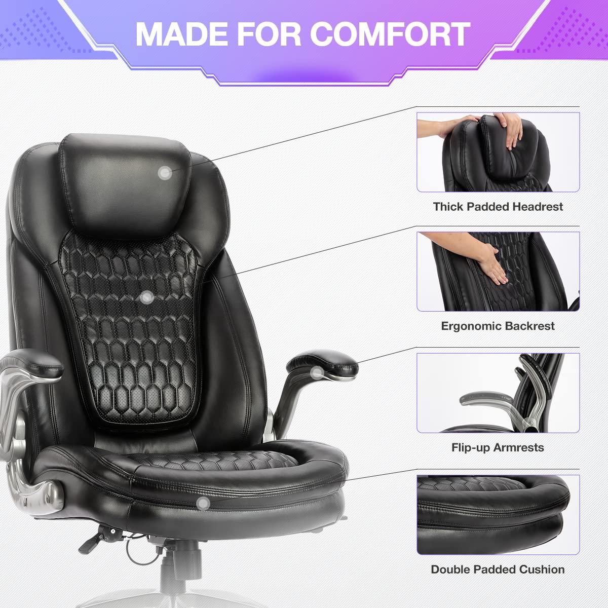 Office Chair Ergonomic Desk Chair-Executive Office Chair with Upgraded Caters, High Back Computer Chair Flip-up Arms, Strong Metal Base, Swivel Rolling Leather Chair for Adult Work/Study-Black, 300lbs - Image 4