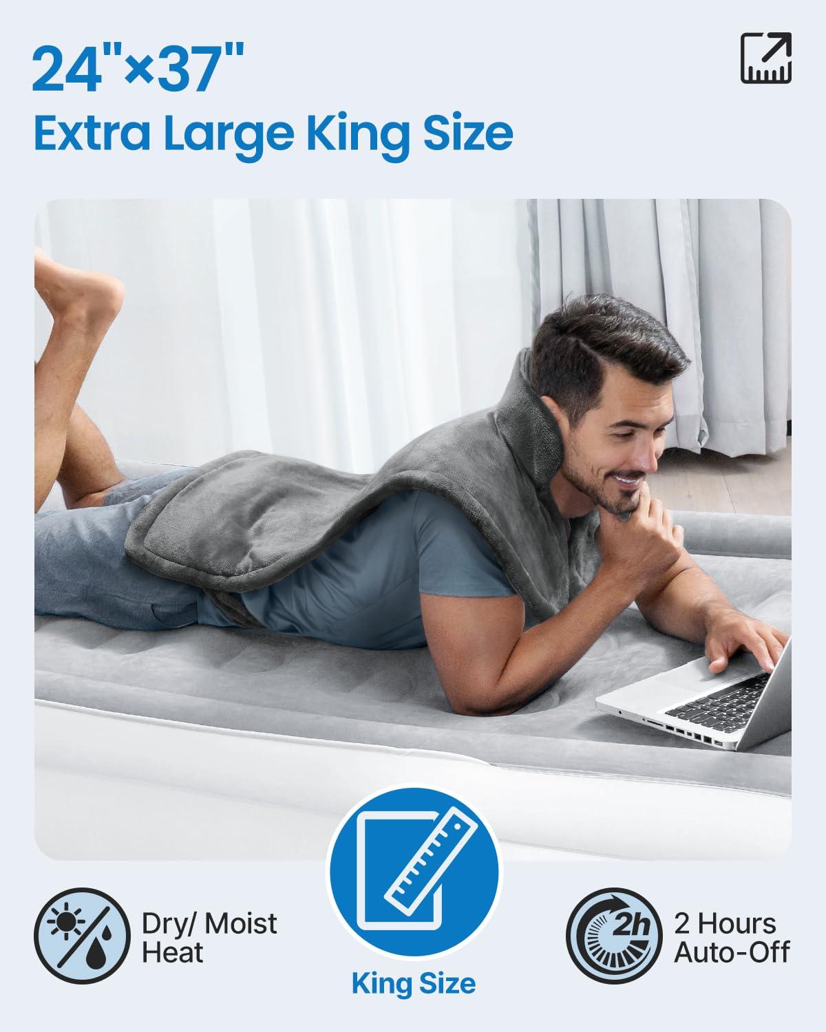 RENPHO King Size Heating Pad for Back Pain Relief, Mothers Day & Fathers Day & Birthday Gifts for Mom Dad Men, FSA HSA Eligible, 24"x37" XL Large Heat Pad for Neck and Shoulders, ETL Certified, Gray - Image 6