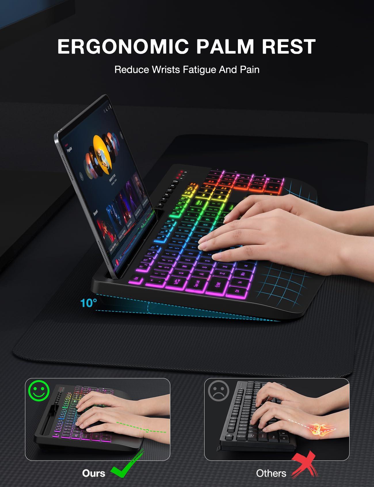 Wireless Keyboard with 8 Colored, 9 Effects Backlits, Wrist Rest, Phone Holder, Rechargeable Ergonomic Computer Keyboard with Silent Keys, 2.4G Lag-Free Cordless Set for PC, Laptop, Windows, MacBook - Image 2