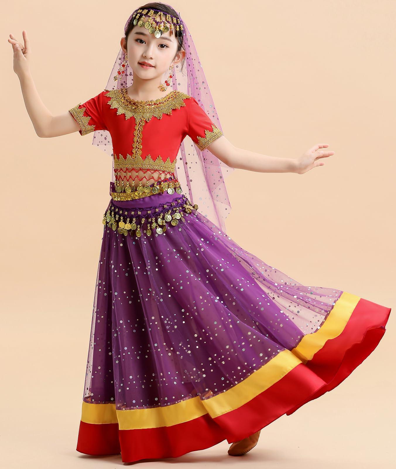 ORIDOOR Belly Dance Dress Girls Indian Bollywood Halloween Costume Chiffon Skirts Shiny Belly Dance Suits 4-Piece Outfit - Image 5