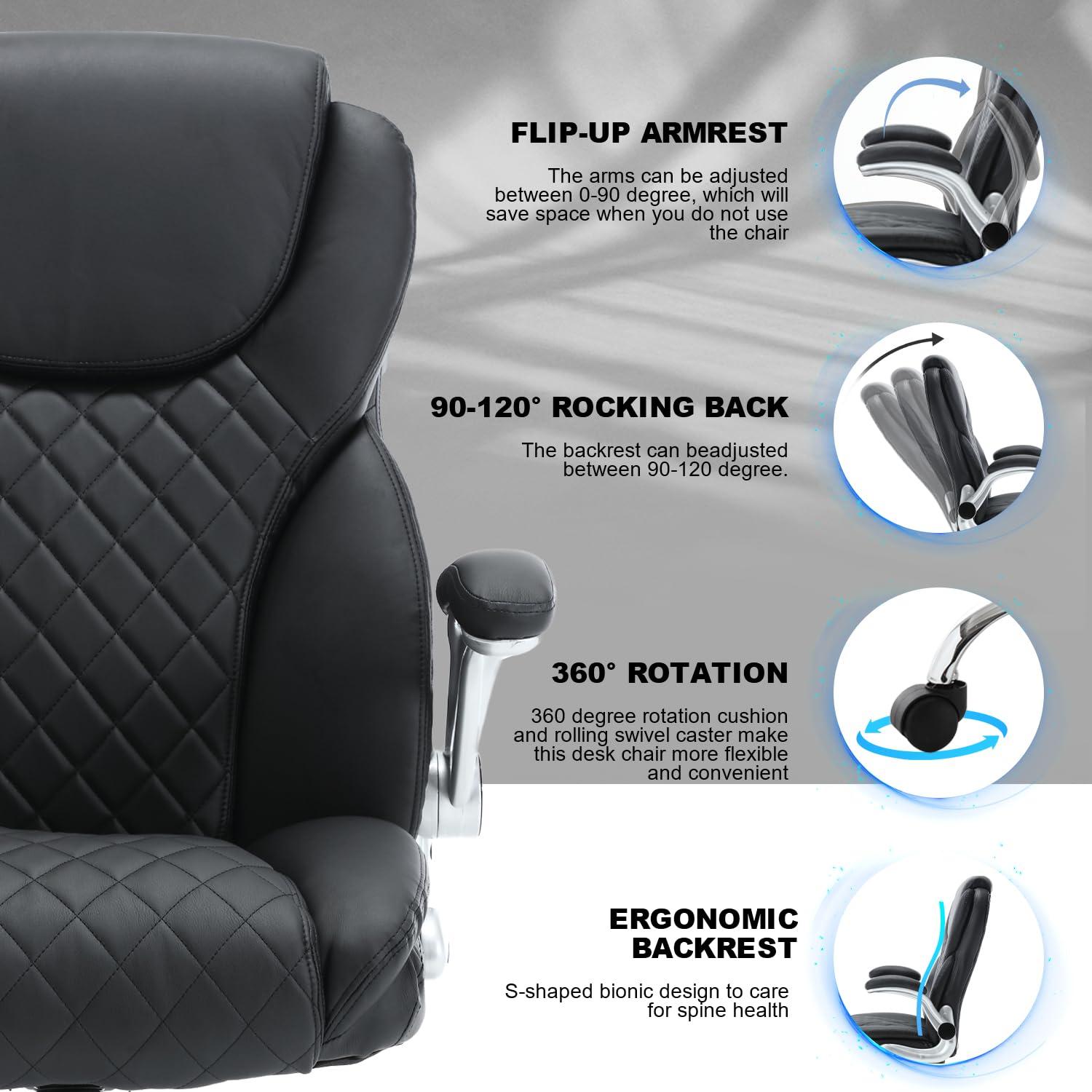 REFICCER Executive Office Chair, High Back Faux Leather Ergonomic Office Desk Chairs with Wheels, 90-120° Rocking Managerial Swivel Home Computer Chairs with Flip up Arms Lumbar Support(Black) - Image 4