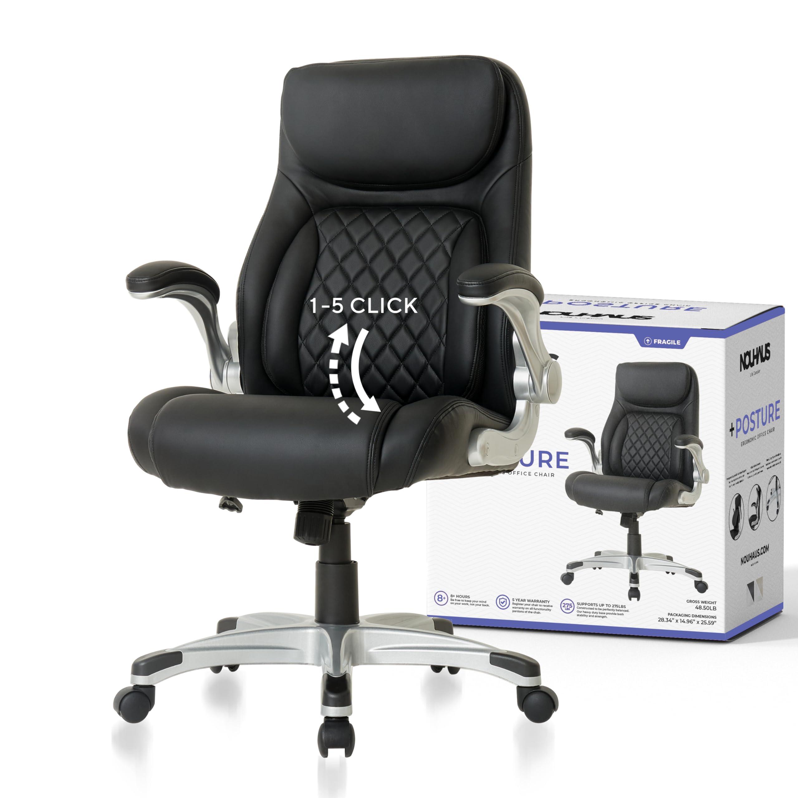 Nouhaus +Posture Ergonomic PU Leather Office Chair. Click5 Lumbar Support with FlipAdjust Armrests. Modern Executive Chair and Computer Desk Chair (Black) - Image 4