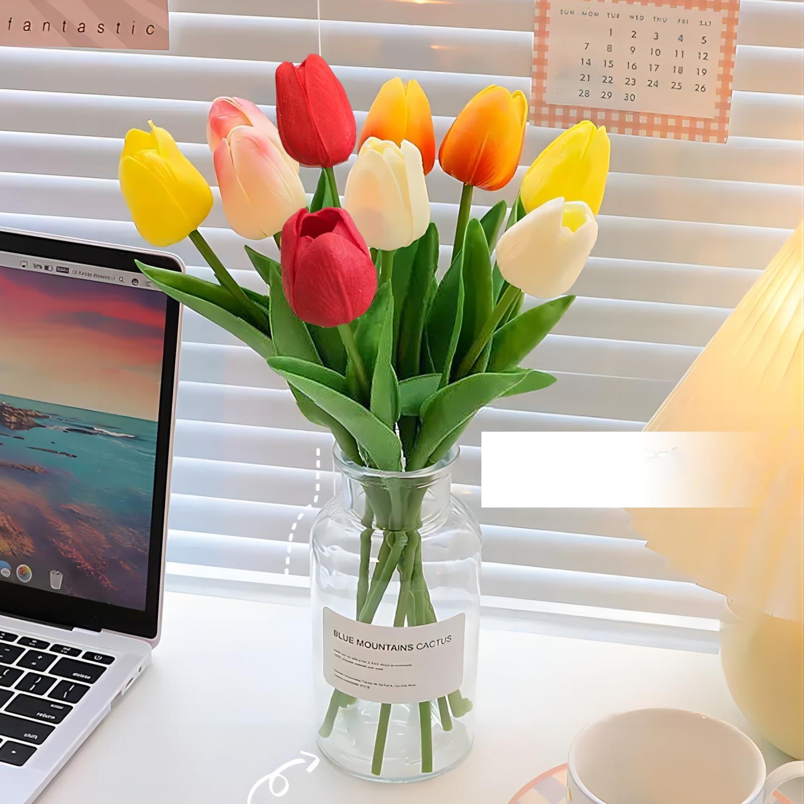 Fodofodo 15PCS Artificial Tulips Flowers,Real Touch 14" Silk Fake Tulips,Bulk Fake Flowers,Faux Flowers,Artificial Flowers for Home Kitchen Office Dining Room Wedding Decorations (Colorful) - Image 3