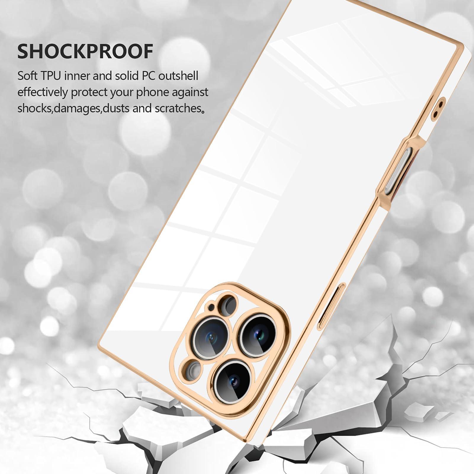 SAKUULO Case for iPhone 16 Pro Max Cute Plating Gold Case for Women Girls Soft TPU Shockproof Raised Full Camera Protection Electroplate Bumper Cover for iPhone 16 Pro Max 6.9"- White - Image 4