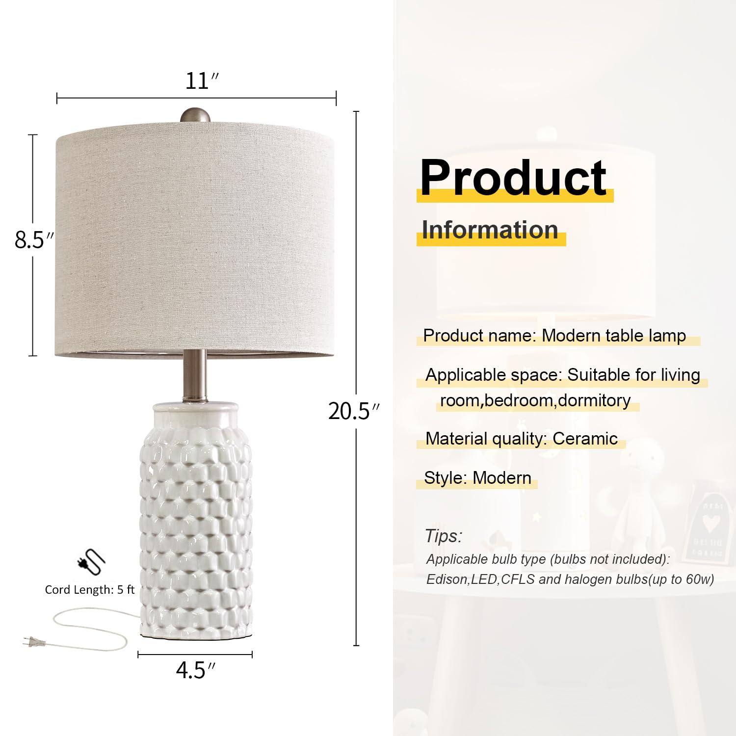 USumkky 20.5" White Modern Ceramic Bedside Lamp Set of 2 for Bedroom Decor Farmhouse Table Lamp for Living Room Office Dorm - Image 3