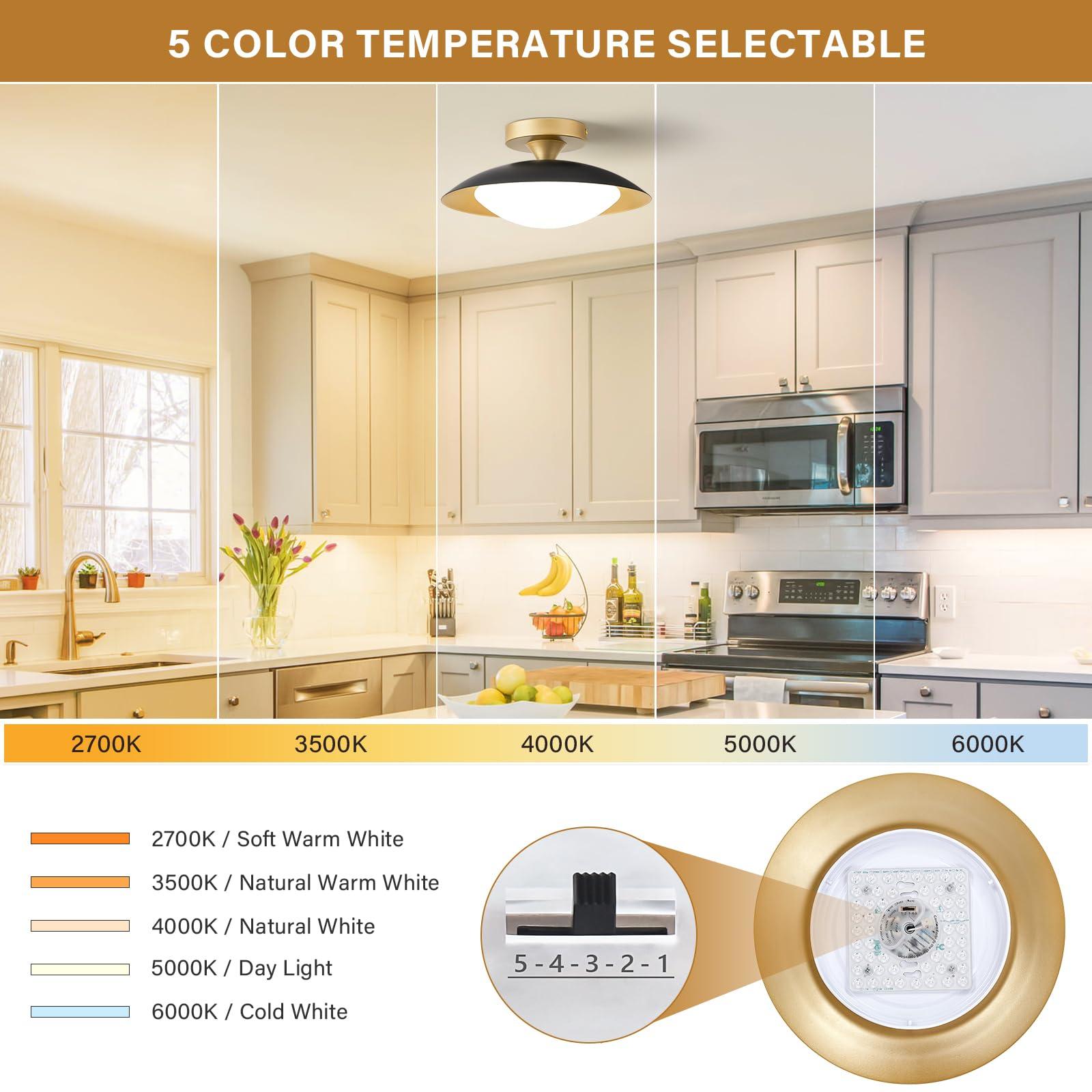 Dimmable Modern Mid-Century Ceiling Light, Black and Gold LED Semi Flush Mount Ceiling Light, 5CCT 2700K-6000K Lighting Fixture Ceiling Lamp with Acrylic Shade for Bedroom Hallway Kitchen, 11.8in - Image 4