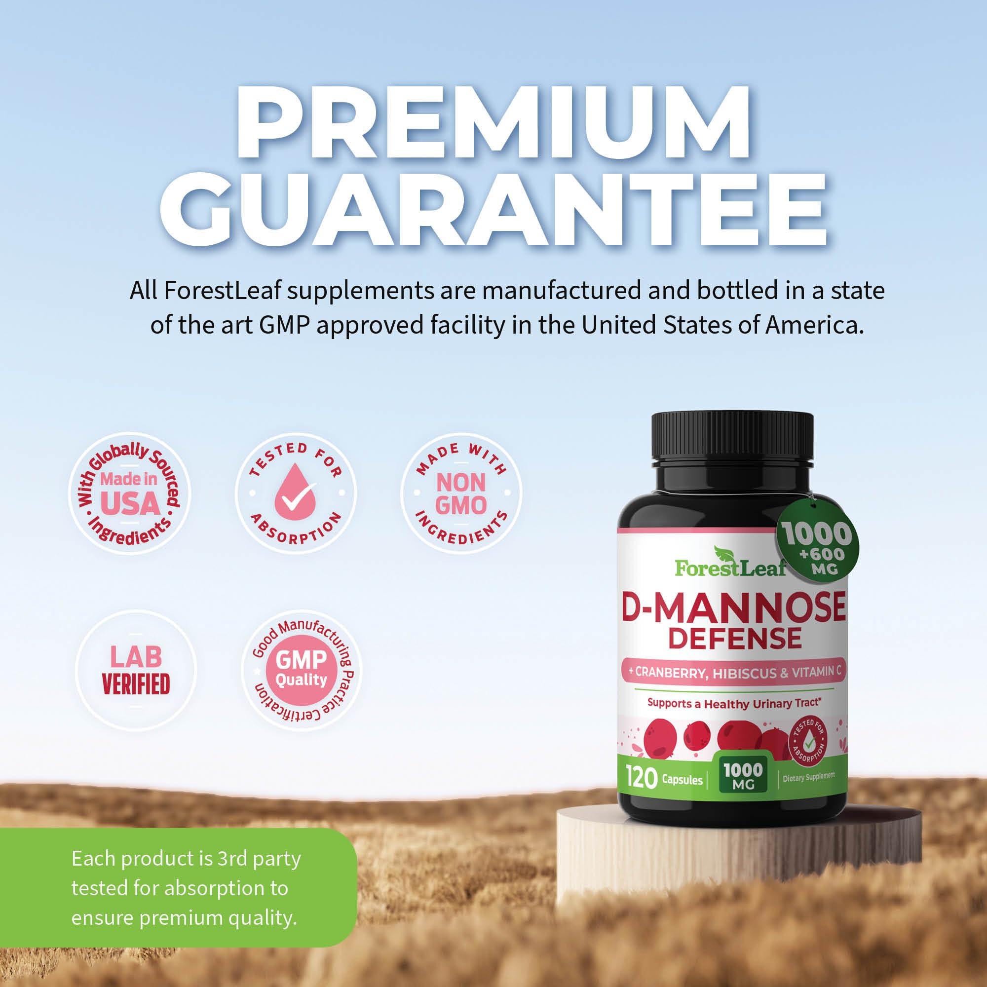 ForestLeaf D Mannose 1000mg Capsules - D-Mannose with Cranberry, Hibiscus & VIT C, Urinary Tract Health for Women and Men, DMannose Pills for UTI, Urinary Health & Bladder Support 120 Capsules - Image 6