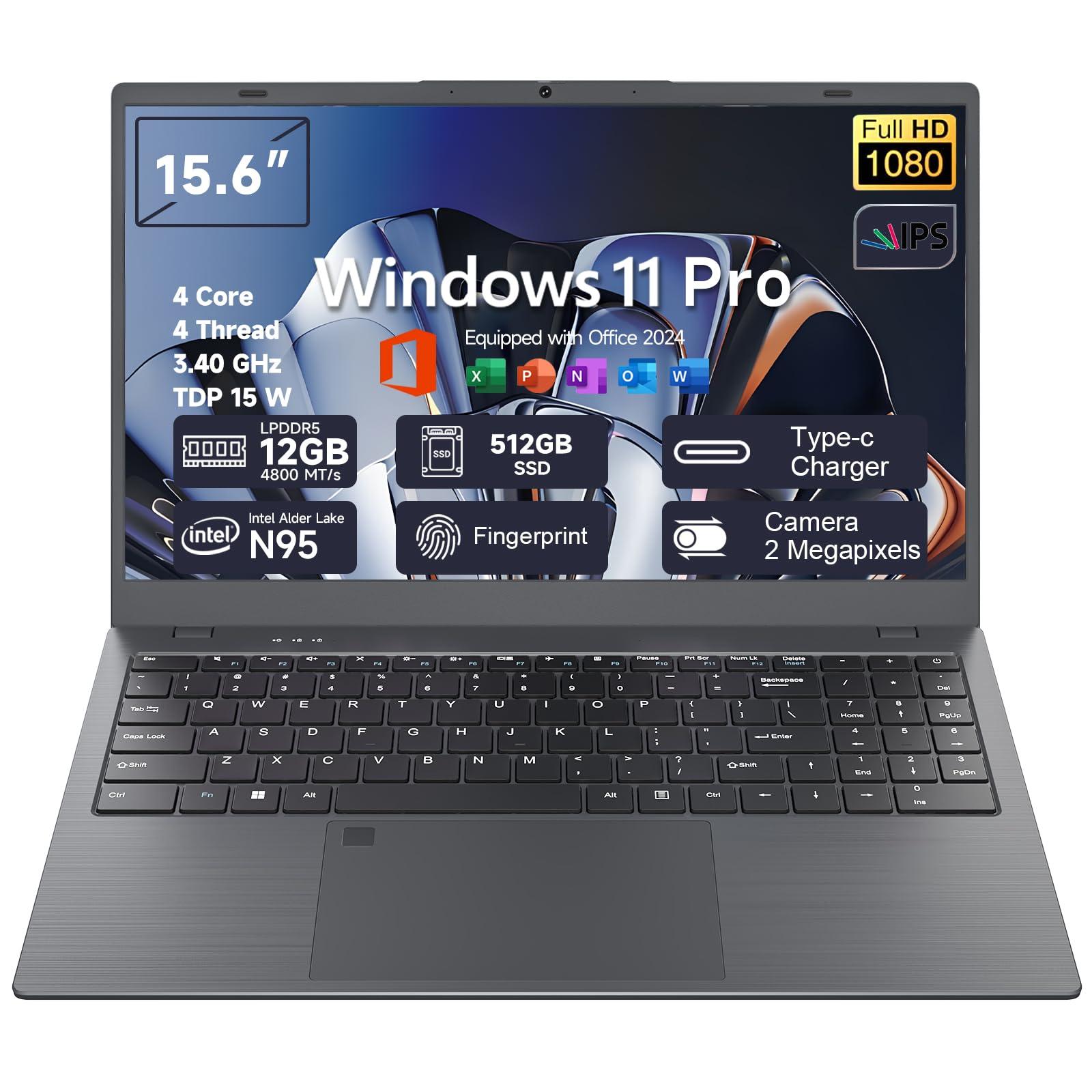 Akocrsiy 15.6 Inch Student Business Laptop Computer, LPDDR5 12GB RAM 512GB ROM, Intel N95 Processor(Up to 3.4GHz), Windows 11 Pro with FHD IPS Display, WiFi 5, Bluetooth 5.2, Type-C, HDMI, USB 3.2
