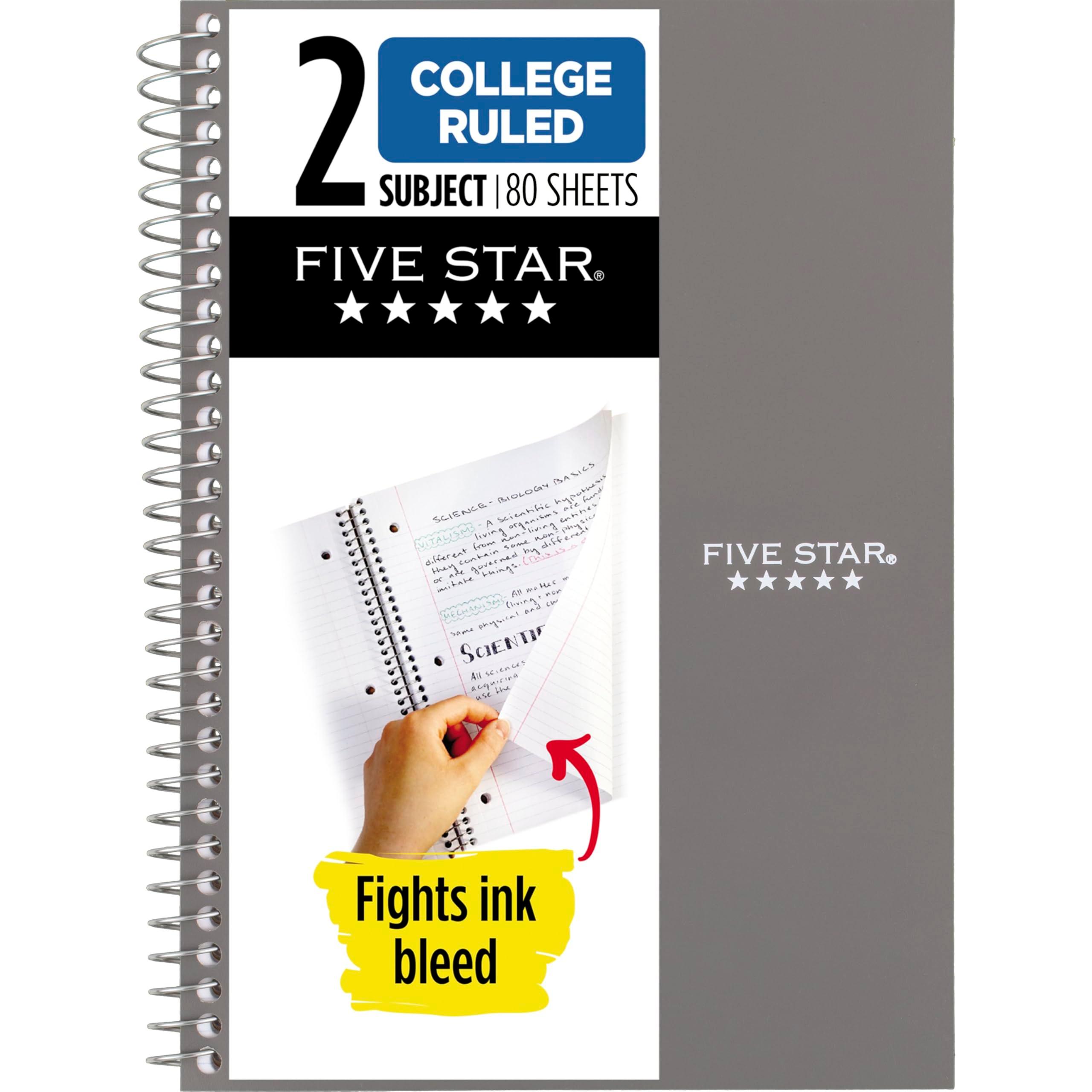 Five Star Spiral Notebook, 2 Subject, College Ruled Paper, 6" x 9-1/2", 80 Sheets, Fights Ink Bleed, Water Resistant Cover, Gray (840029AA3-ECM)