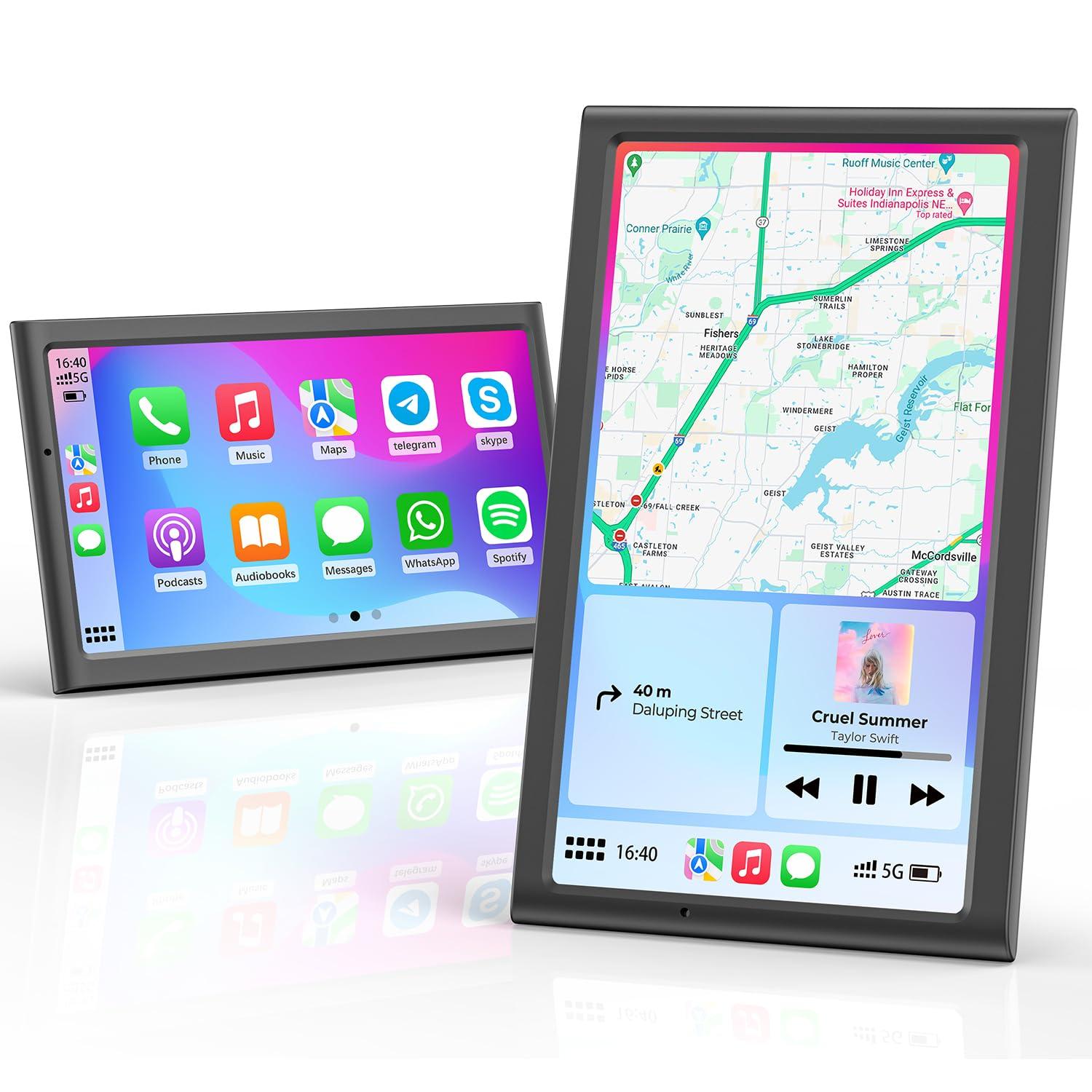 Krunia 7" Wireless Portable 60FPS Car Play Screen for Apple CarPlay & Android Auto, Portrait and Landscape Modes, Mirror Link, Bluetooth, Voice Control, GPS Navigation