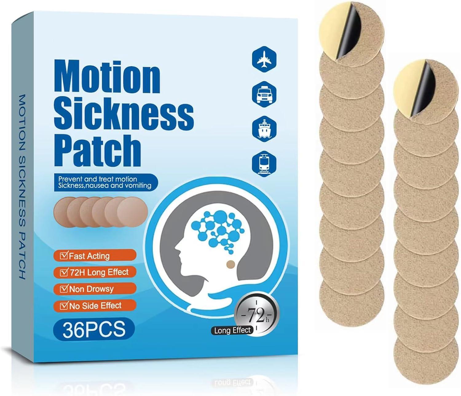 Motion Sickness Patches, 36 Count Sea Sickness Patches Non Drowsy for Cruise Essentials Airplanes Cars Bus or Train, Fast Acting & 72 Hours Long Last (36 Count (Pack of 1))