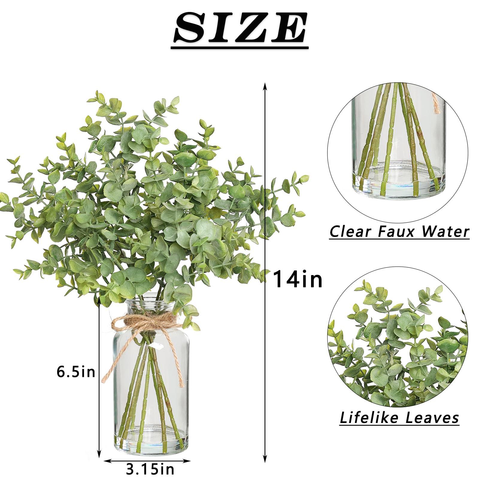 Zheart Fake Eucalyptus Stems in Glass Vase with Faux Water,14" Artificial Plants Eucalyptus Leaves for Shelf Desk Bathroom Farmhouse Room Coffee Table Home Decor (Sage Green) - Image 3
