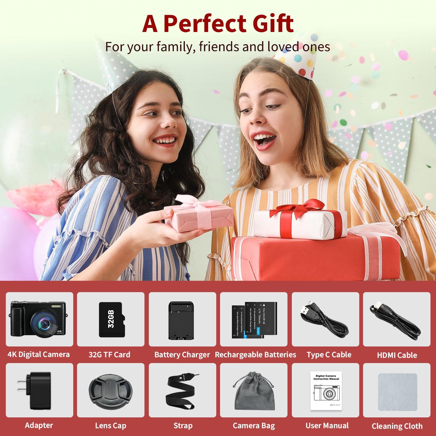 Bifevsr 4K Digital Camera for Photography Autofocus, 48MP Vlogging With Flash Anti-Shake, 3'' 180 Flip Screen Compact Travel 16X Zoom for Teens With 32G Card, Battery Charger - Image 7