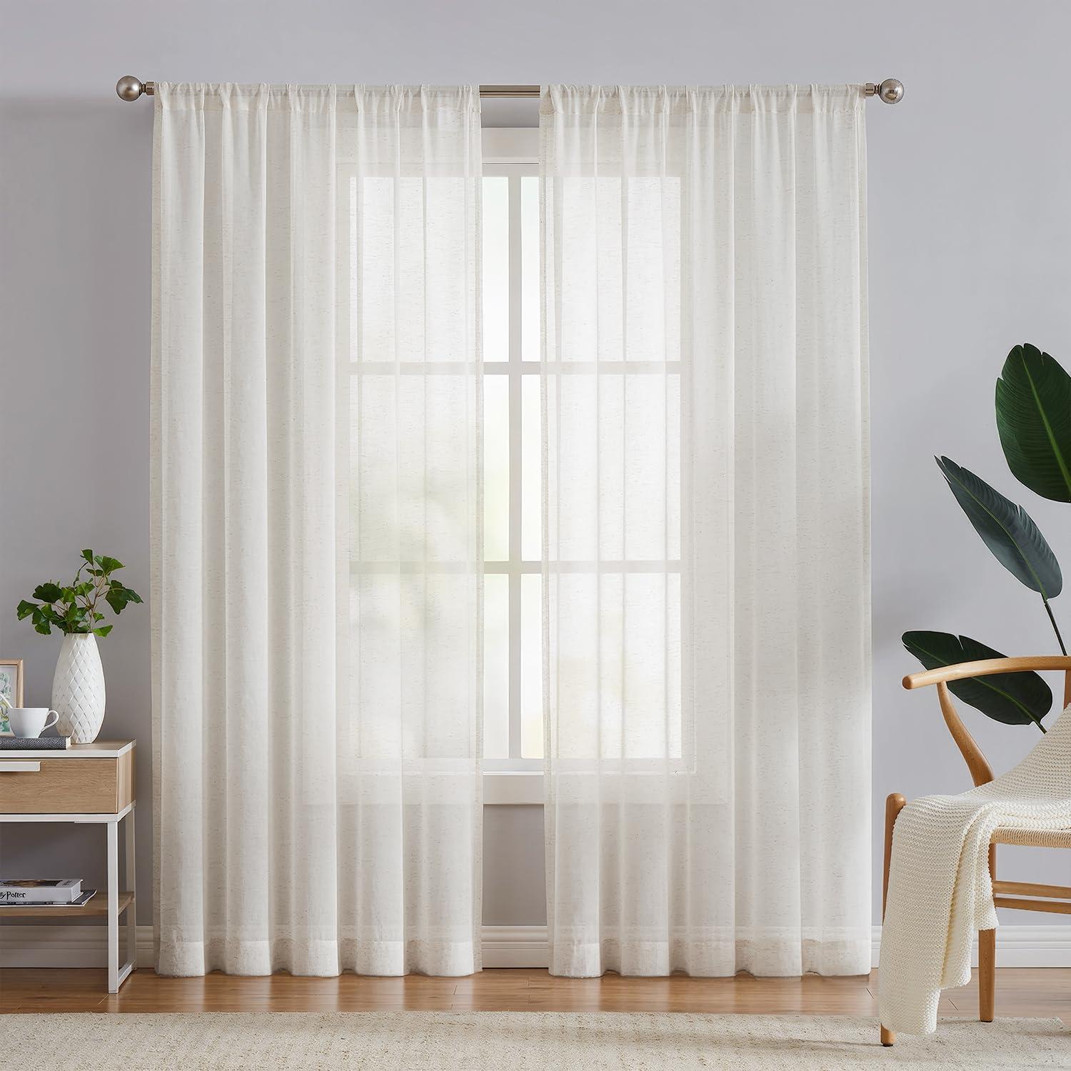 FMFUNCTEX Linen Sheer Curtains for Bedroom, Beige Curtains 84 inches Long for Living Room, Natural Flax Blend Window Draperies for Farmhouse Curtain, Rod Pocket 2 Panels