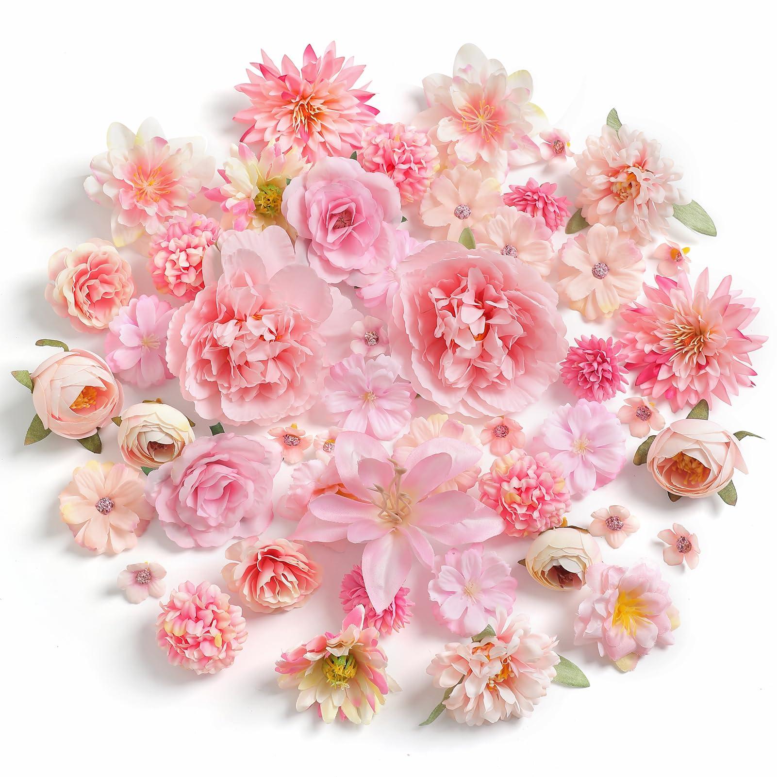 YiYunFloral Artificial Flowers Heads Combo Pink Flowers Mix Silk Flowers Heads Bulk for Craft Garland Graduation Cap Wedding Bridal Baby Shower Home Party Decoration DIY Cake Decor