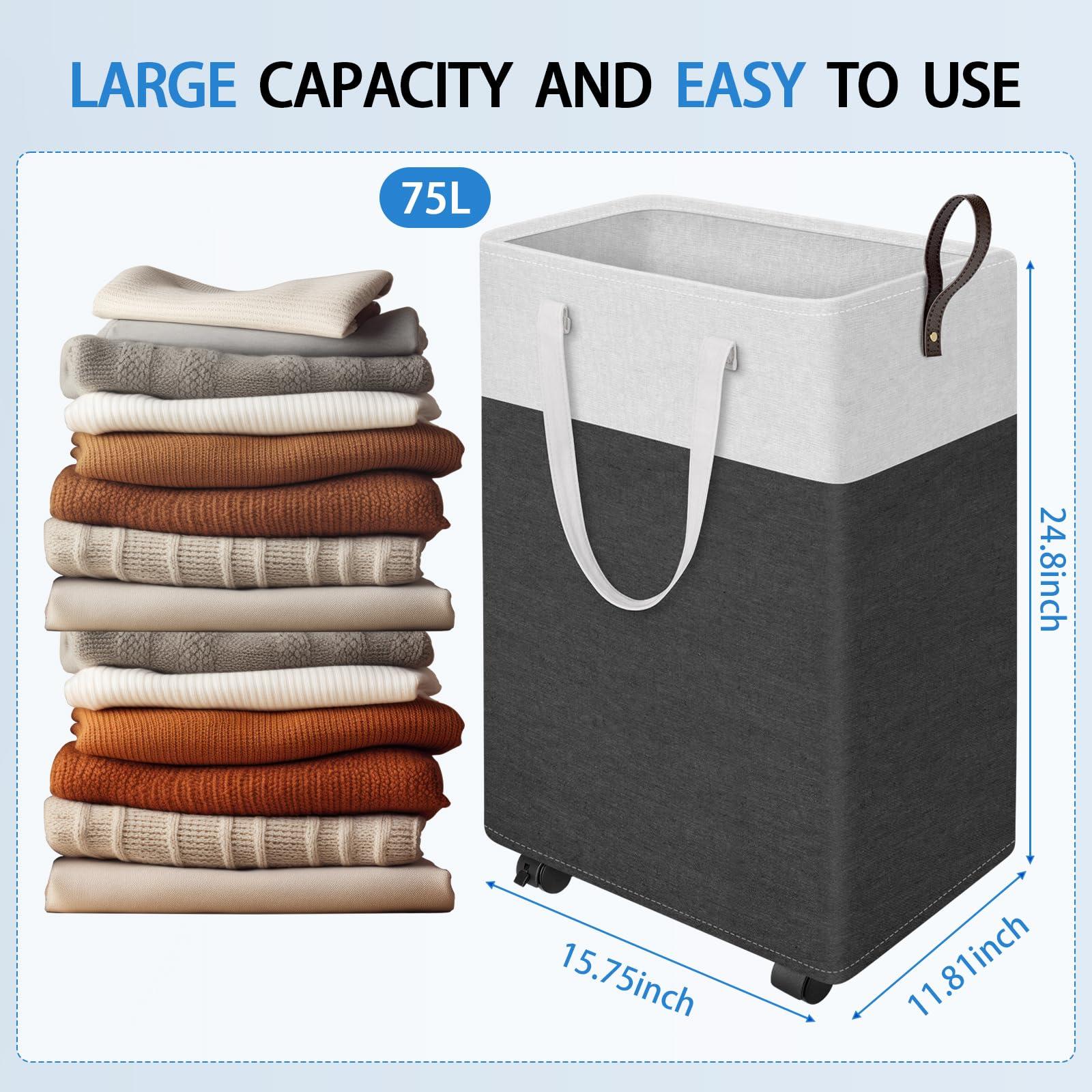 HomeHacks 75L Large - Capacity Rolling Laundry Basket, Laundry Hamper with 4 Smooth Wheels, Collapsible Waterproof Clothes Basket, Freestanding Hamper with Handles for Bedroom/Dorm/Laundry Room (Gray) - Image 3