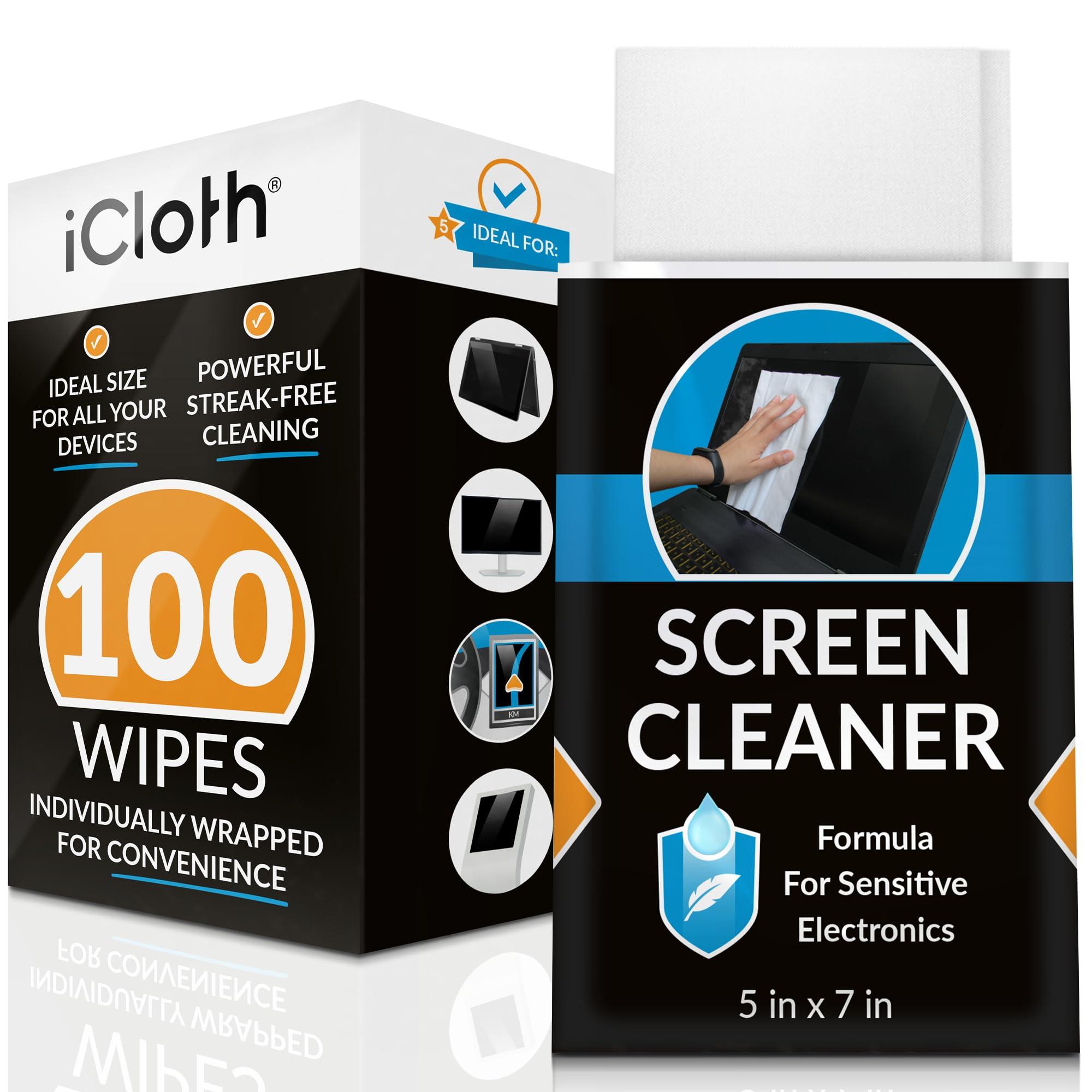 iCloth Large Screen Cleaning Wipes, Purified RO/DI Water & Isopropyl Alcohol Formula, Lint-Free & Streak-Free, Removes Dust, Fingerprints, & Smudges, (100 Wipes)