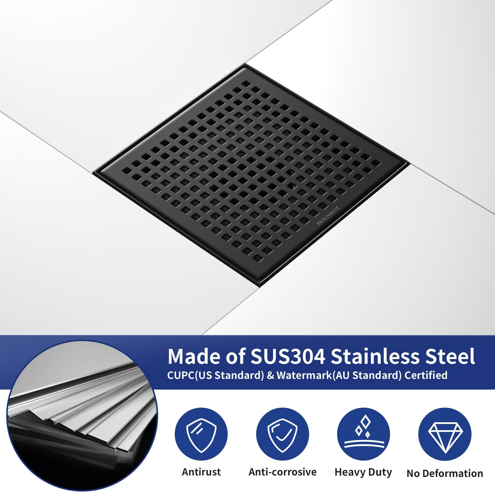 Bernkot Square Shower Drain 8", 304 Stainless Steel Floor Drain with Grid Drain Cover & Hair Strainer, Shower Drain w/CUPC Certified, Matte Black - Image 5