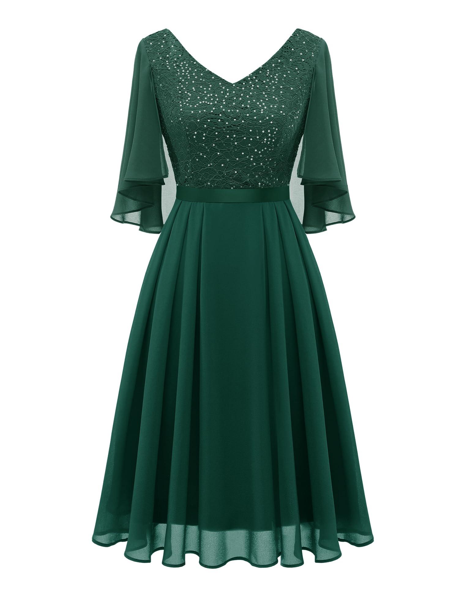 Dressystar Sequin Women Dresses Knee Length Dress Mother of The Bride Wedding Guest V-Neck Evening Formal Cocktail Gowns