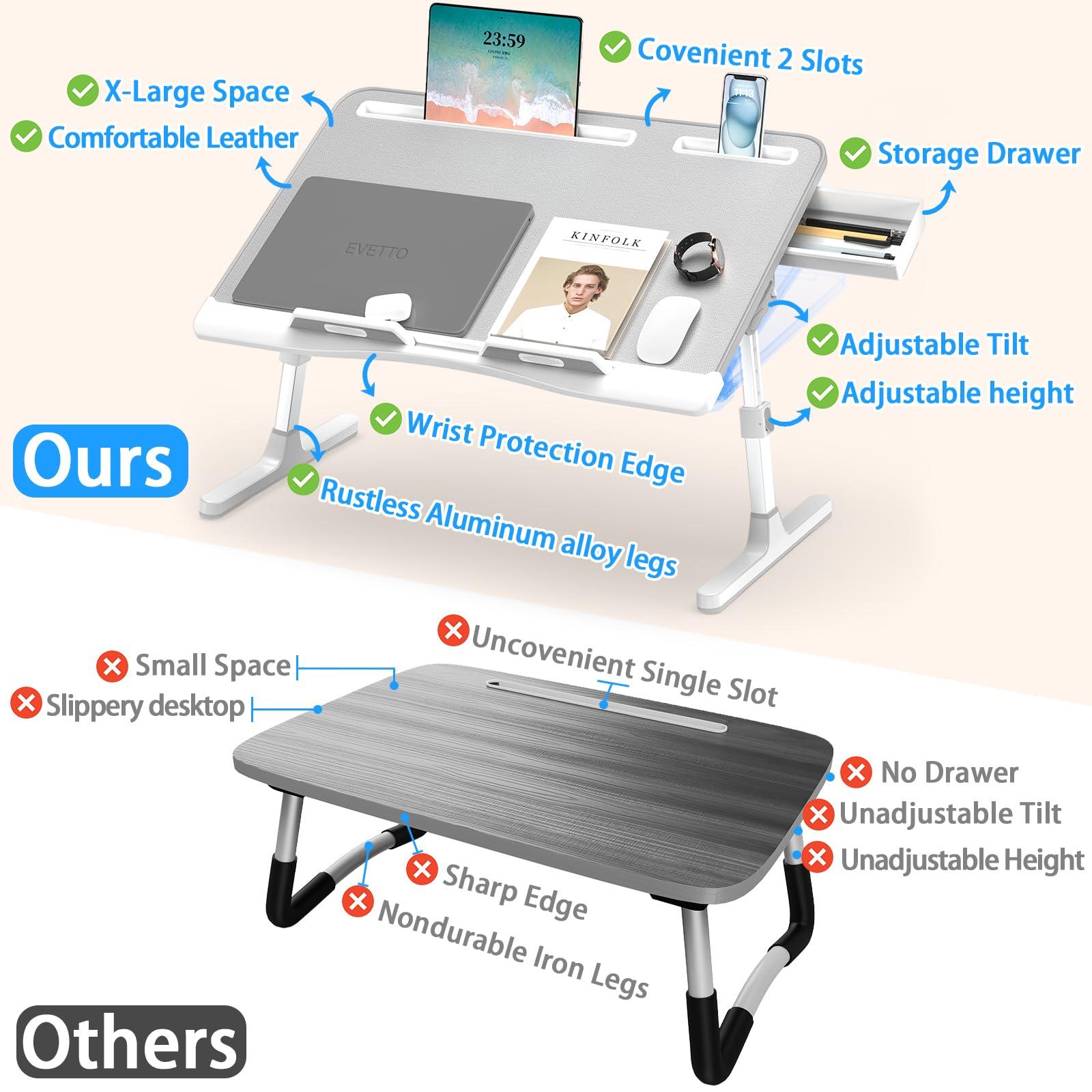 Laptop Bed Desk, X-Large Leather Adjustable Computer Bed Table Tray, Foldable Laptop Lap Desk for Bed Sofa Couch Floor Writing Eating Working with Drawer 2 Movable Stoppers (23.6 inch, Grey) - Image 6