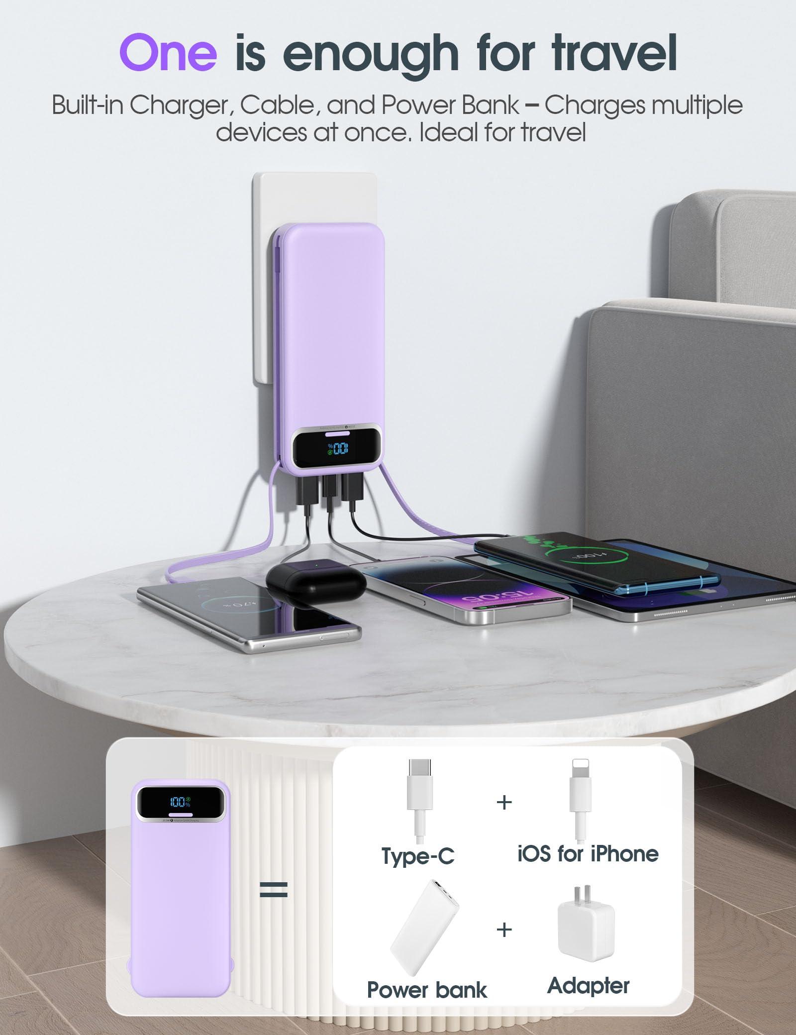 Portable-Charger Power-Bank with Built-in Cables & AC Wall Plug - 12000mAh PD 20W Fast Charging for iPhone,Samsung,Android, USB-C,Rechargeable External Battery Pack for Cell Phone,Type C,Travel Purple - Image 2