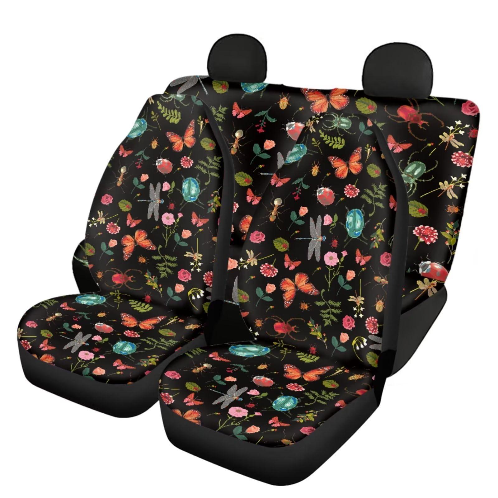FUIBENG Wild Forest Daisy Auto Seat Covers with Cute Animal,12 Pcs Full Set Car Front Split Bench Seat Covers+Elastic Steering Wheel Wrap+Safety Seatbelt Pad+Key Chain Sets for Women Men - Image 2