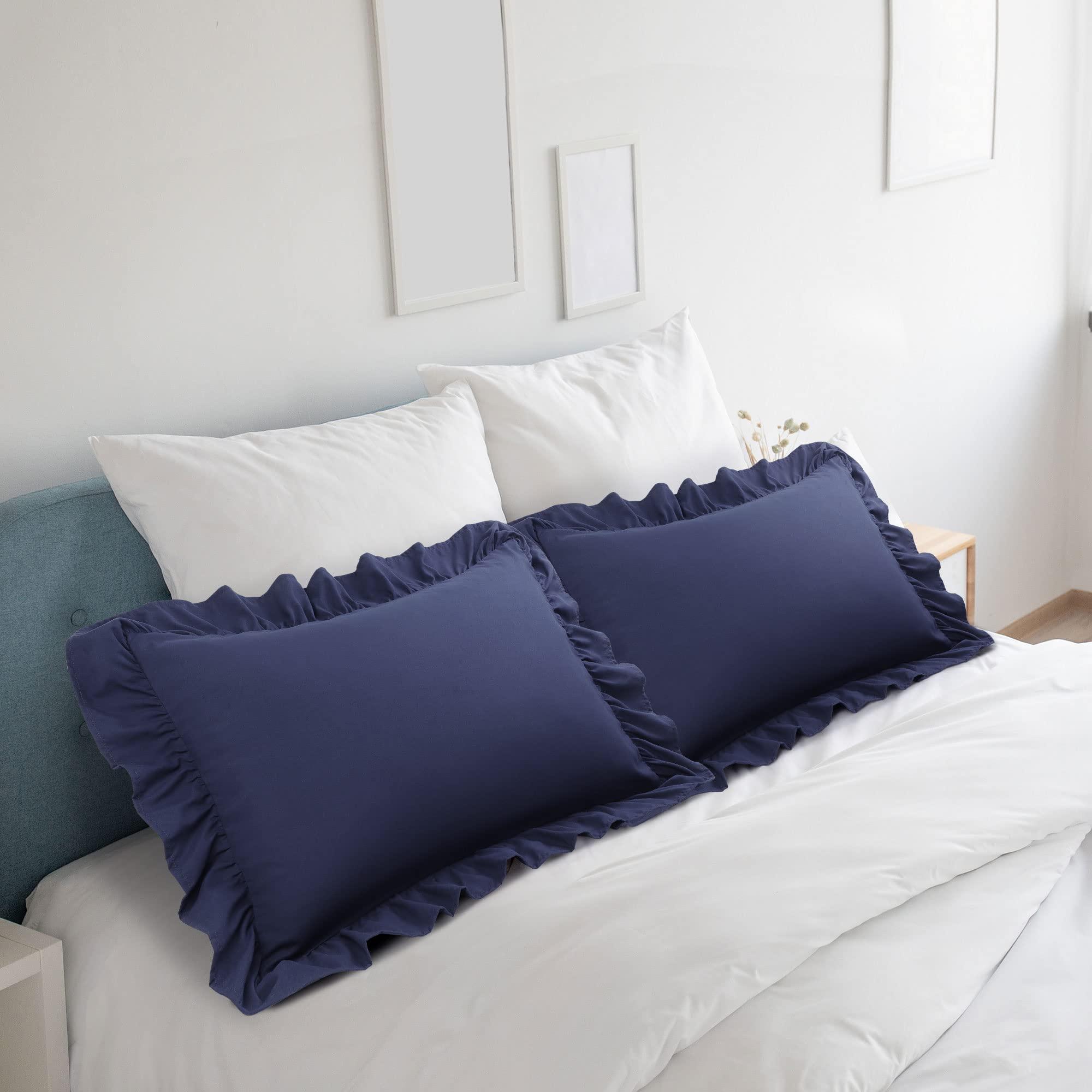 PiccoCasa Ruffled Pillow Shams Set of 2, Soft Breathable Pillow Covers with Envelope Closure, 100% Brushed Microfiber Pillow Case Standard Navy Blue - Image 2
