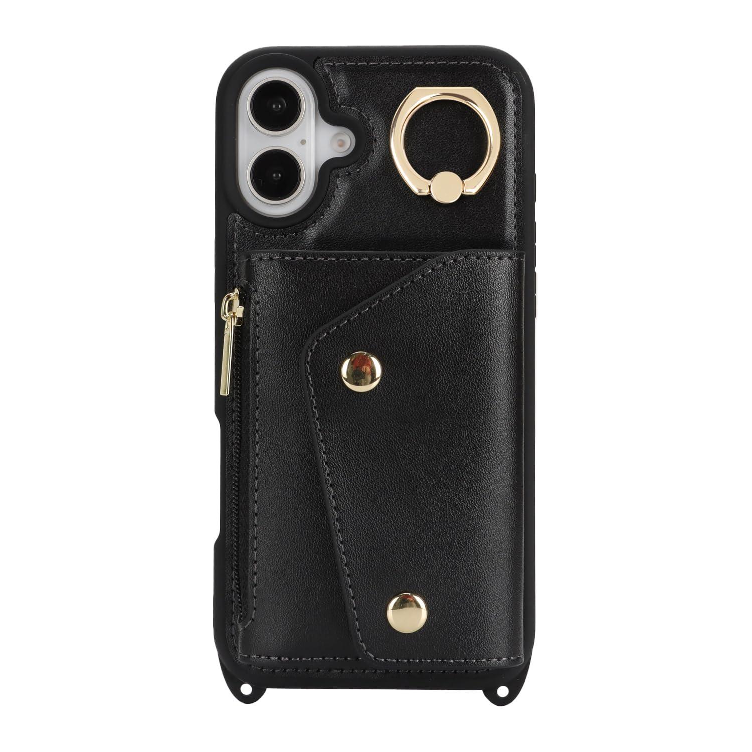 Lipvina for iPhone 16 Case with Card Holder and Strap - Zipper Pocket,Crossbody Lanyard Strap,Credit Card Holder,Stand Ring,Cute Phone Wallet Case for Women(Black,6.1 Inch) - Image 4
