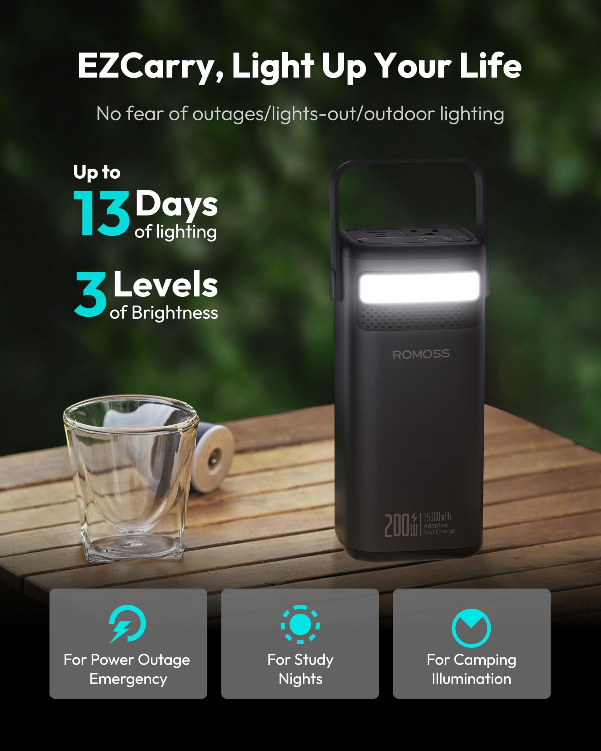 ROMOSS Power Bank Station 75,000mAh, 240Wh Outdoor Power Station, LiFePO4 Battery Pack, 200W AC Outlet, 100W USB-C in/out, Fast Charging, Smart Display and LED Light, for Outdoor Camping and Emergency - Image 4