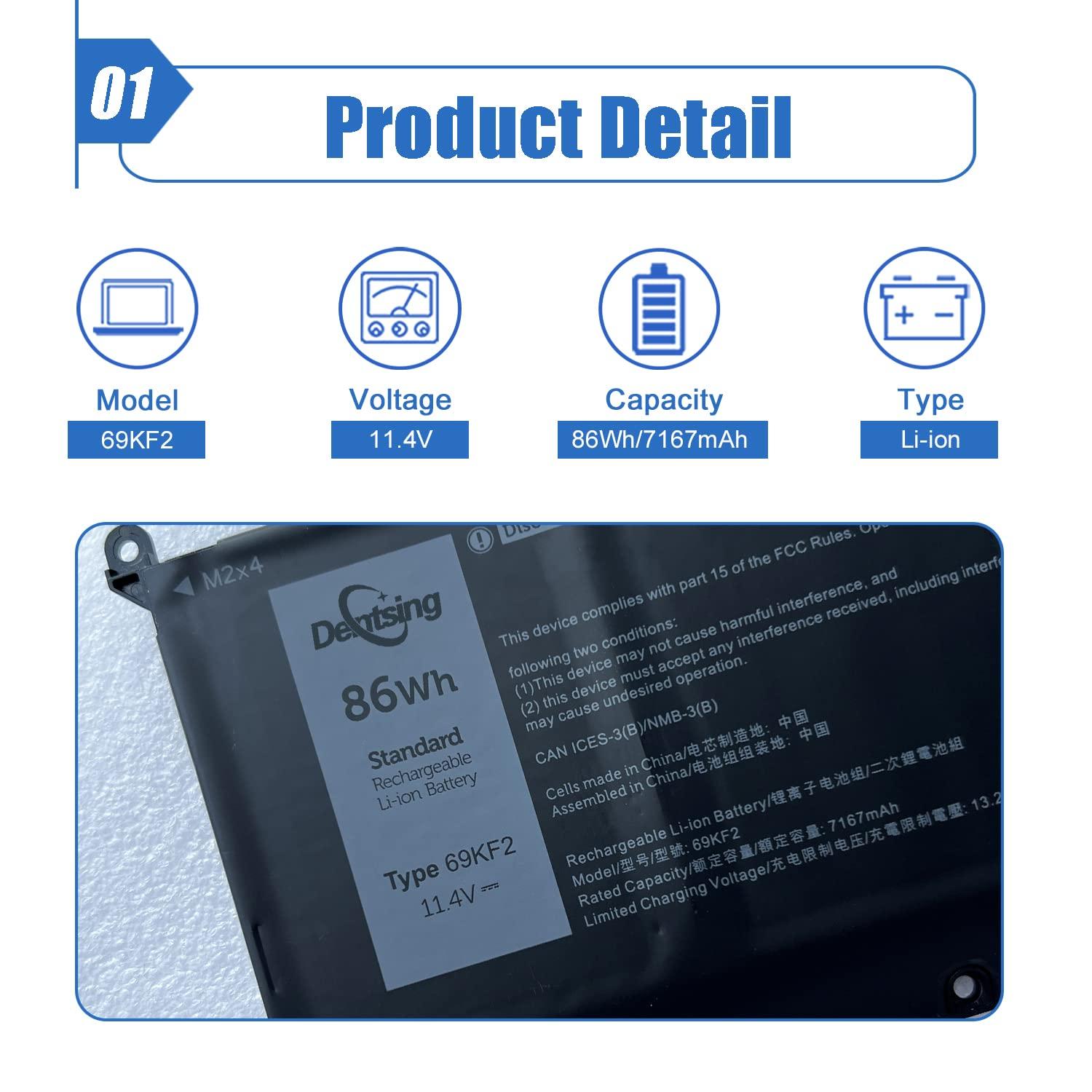 86Wh 69KF2 Laptop Battery Replace for Dell XPS 15 9500 9510 9520 Alienware M15 M17 R3 R4 R5 R6 Precision 5550 5560 5570 G7 15 7500 G15 5510 5511 5515 5520 Inspiron 7510 7610 7620 P87F P91F 8FCTC 11.4V - Image 2