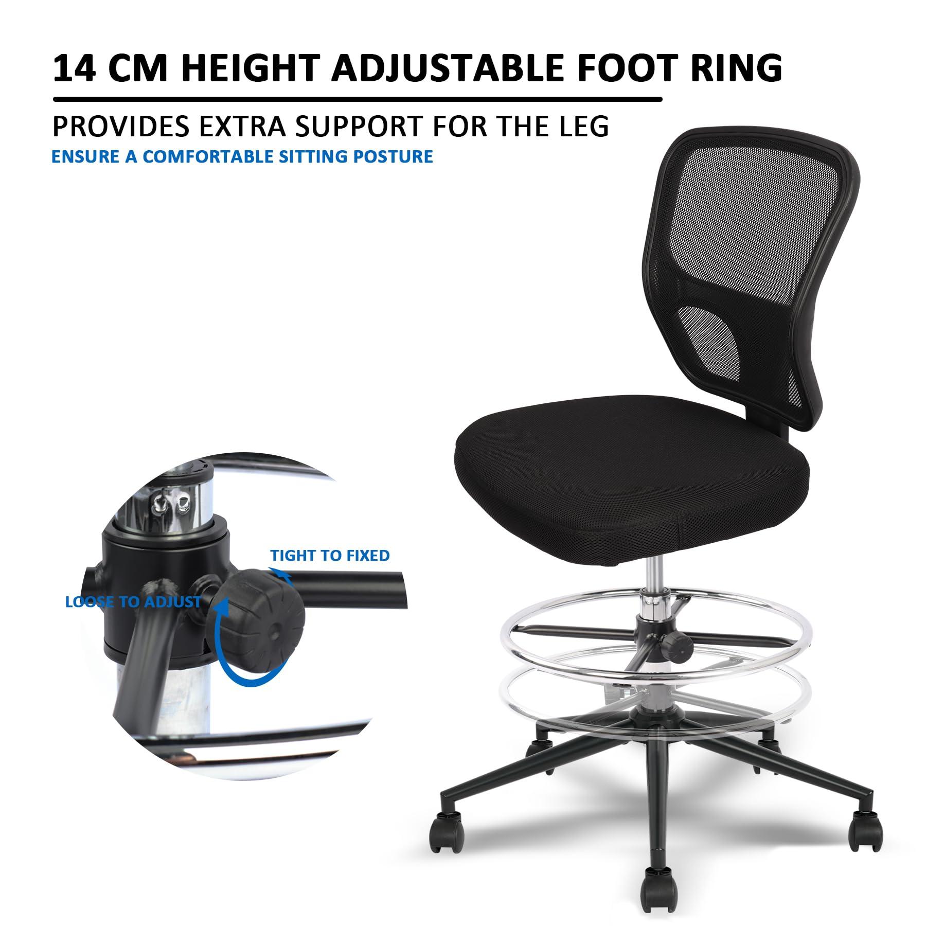 Armless Drafting Chair Tall Office Chair Adjustable Height High Back Ergonomic Desk Chair Drafting Stool Rolling Bar Stools Chairs with Footrest and Wheels - Image 5