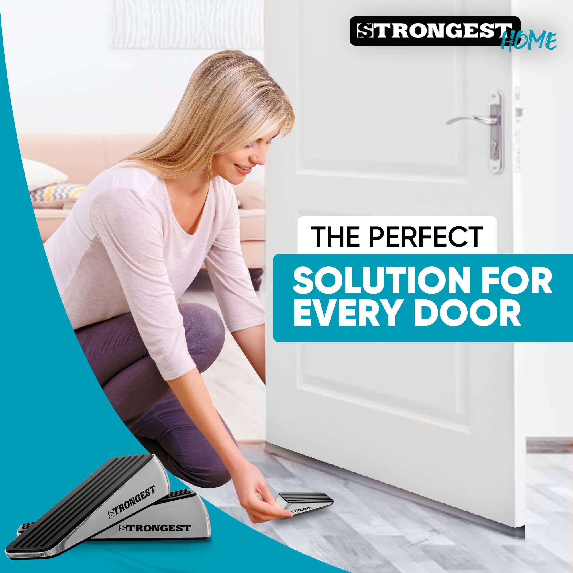 Strongest Home Heavy Duty Door Stopper Wedge (2 Chrome PCs) | Non-Slip Rubber and Metal Door Stop for Heavy Doors| Work on Wood, Tile, Carpet + 2 White Wall Protectors - Image 3