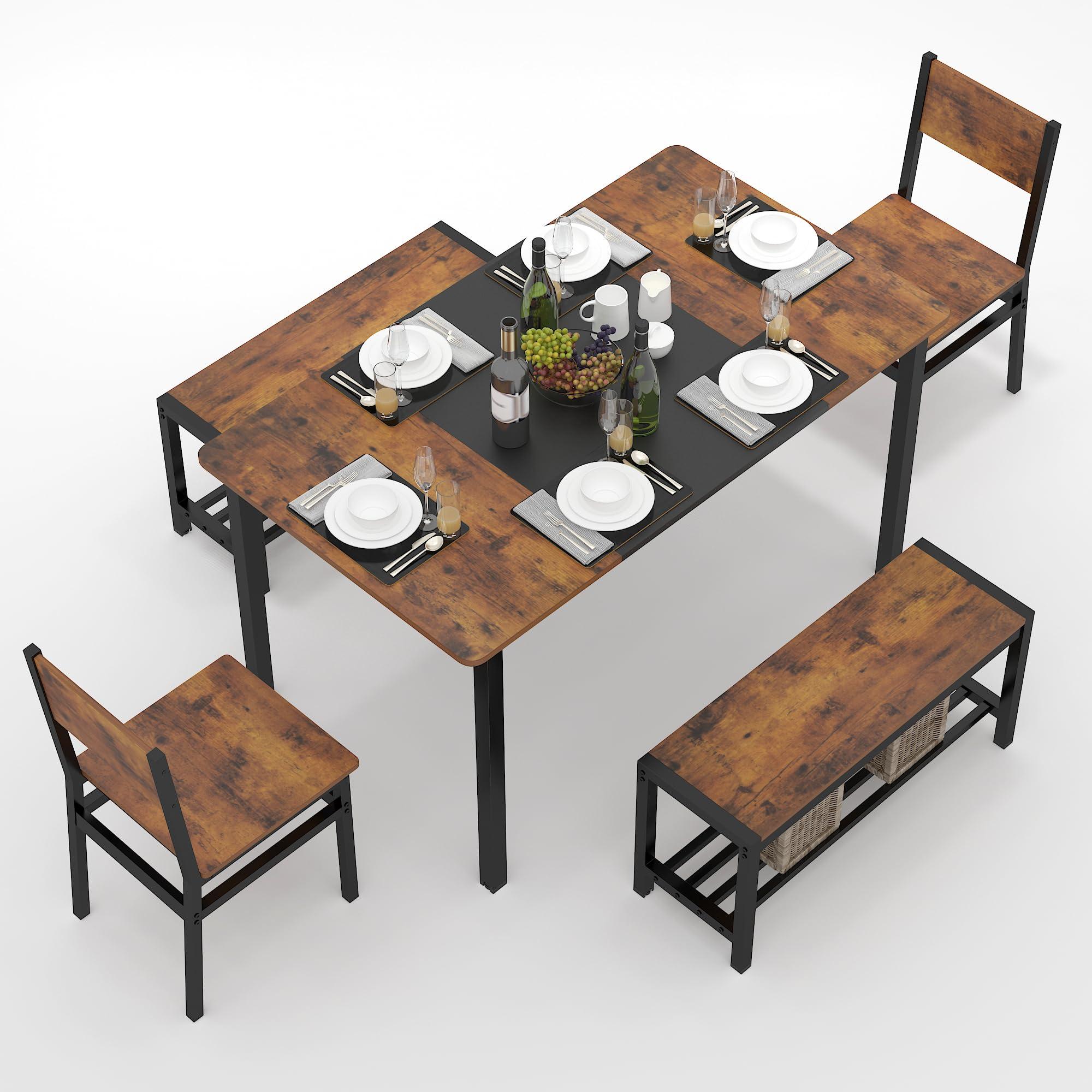 NAIYUFA Dining Table Set for 4-6 People,Industrial Dining Table with 2 Benches and 2 Chairs,Kitchen Table Set with Storage Rack for Dining Room,Saving Space,Rustic Brown - Image 7