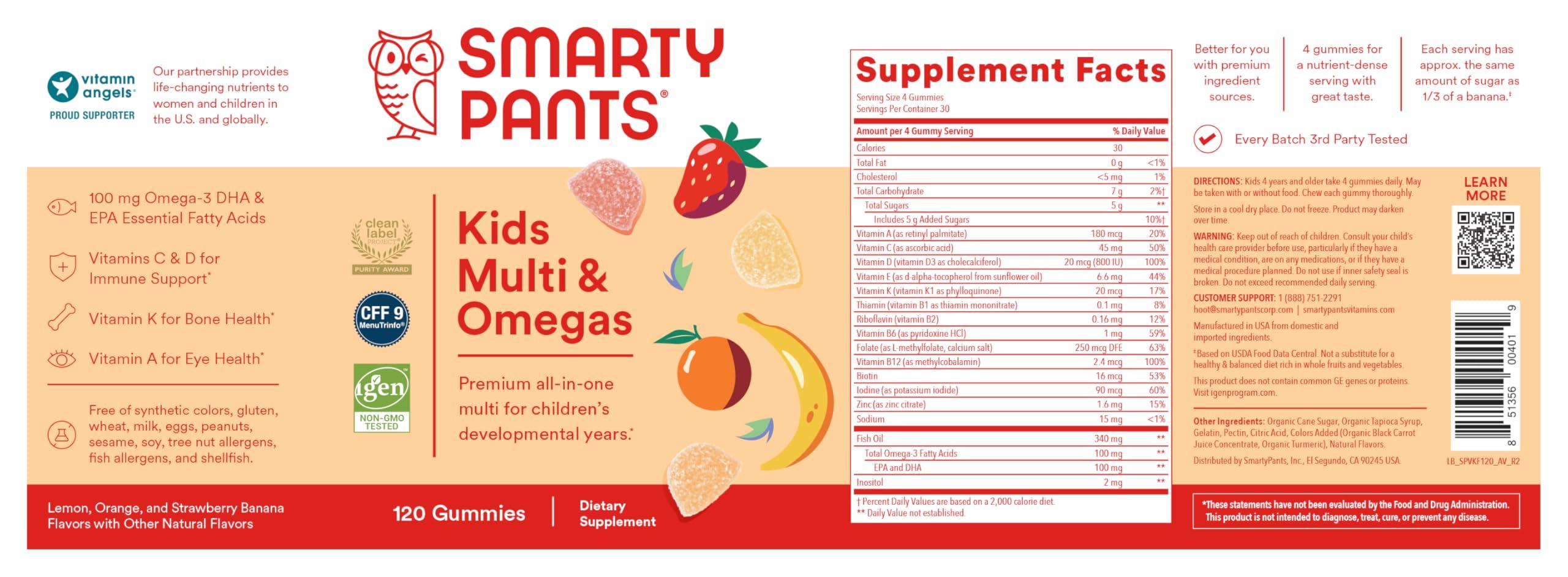 SmartyPants Kids Multivitamin Gummies: Omega 3 Fish Oil (EPA/DHA), Vitamin D3, C, Vitamin B12, B6, A, K & Zinc for Immune Support, Biotin, Gluten Free, Three Fruit Flavors, 120 Count (30 Day Supply) - Image 13