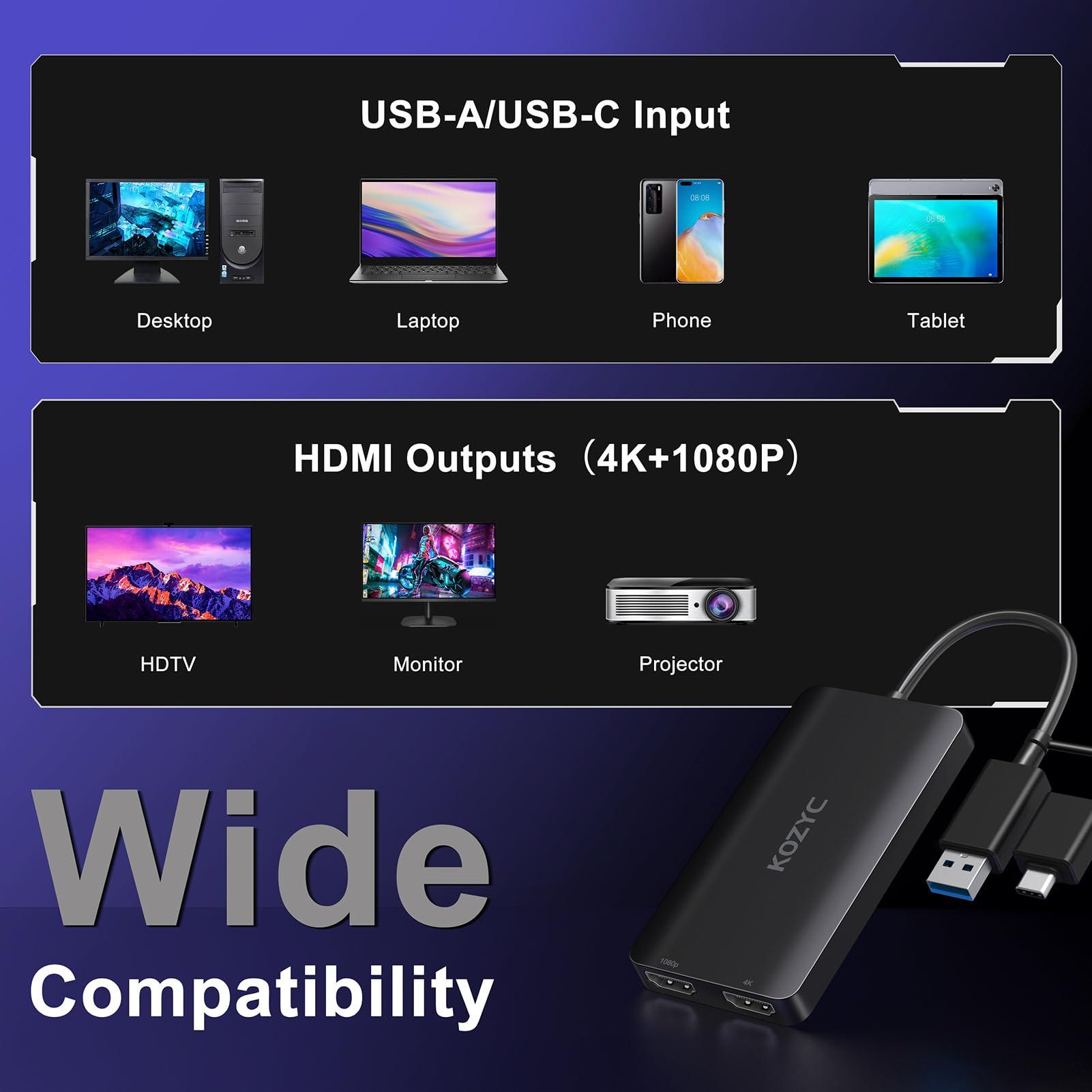 KOZYC USB 3.0 to HDMI Splitter Extended Display Dual Monitors, USB 3.0-A/C to Dual HDMI Adapter 4K@30Hz+1080p@60Hz Compatible MacBook/MacBook Pro Air Dell (MST Support MacOS/Windows) - Image 6