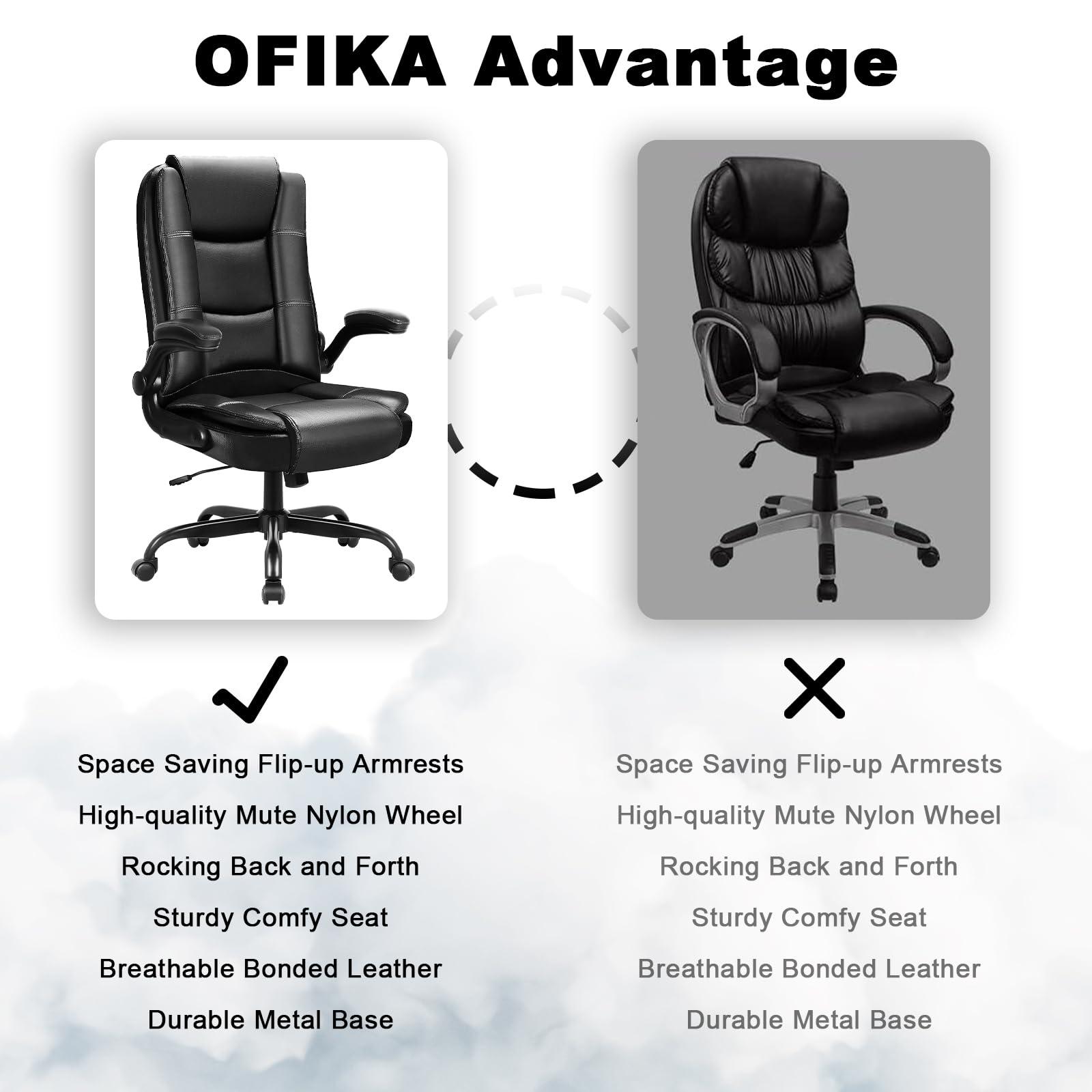 OFIKA Big and Tall Office Chair Computer Desk Chair - Ergonomic High Back Lumbar Support Home Office Chair with Padded Flip-up Arms, Adjustable Height Leather Office Executive Chair (Black) - Image 7