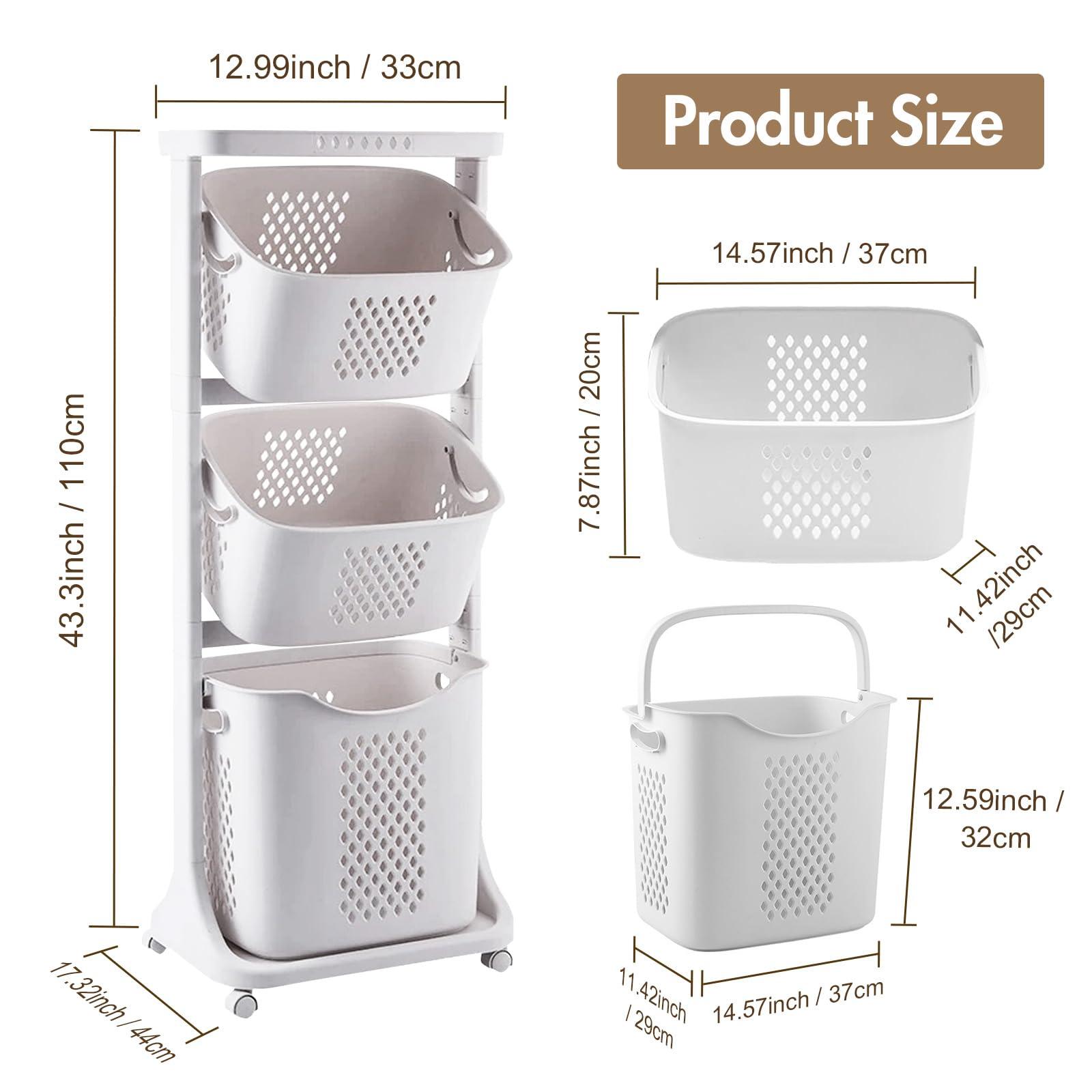 BAOKALER Rolling Laundry Hamper Cart with Wheels, 3 Tier White Laundry Baskets, Clothes Hamper with Portable Storage Baskets for Kitchens, Bathrooms, Bedrooms, Classrooms, Laundry Rooms - Image 2