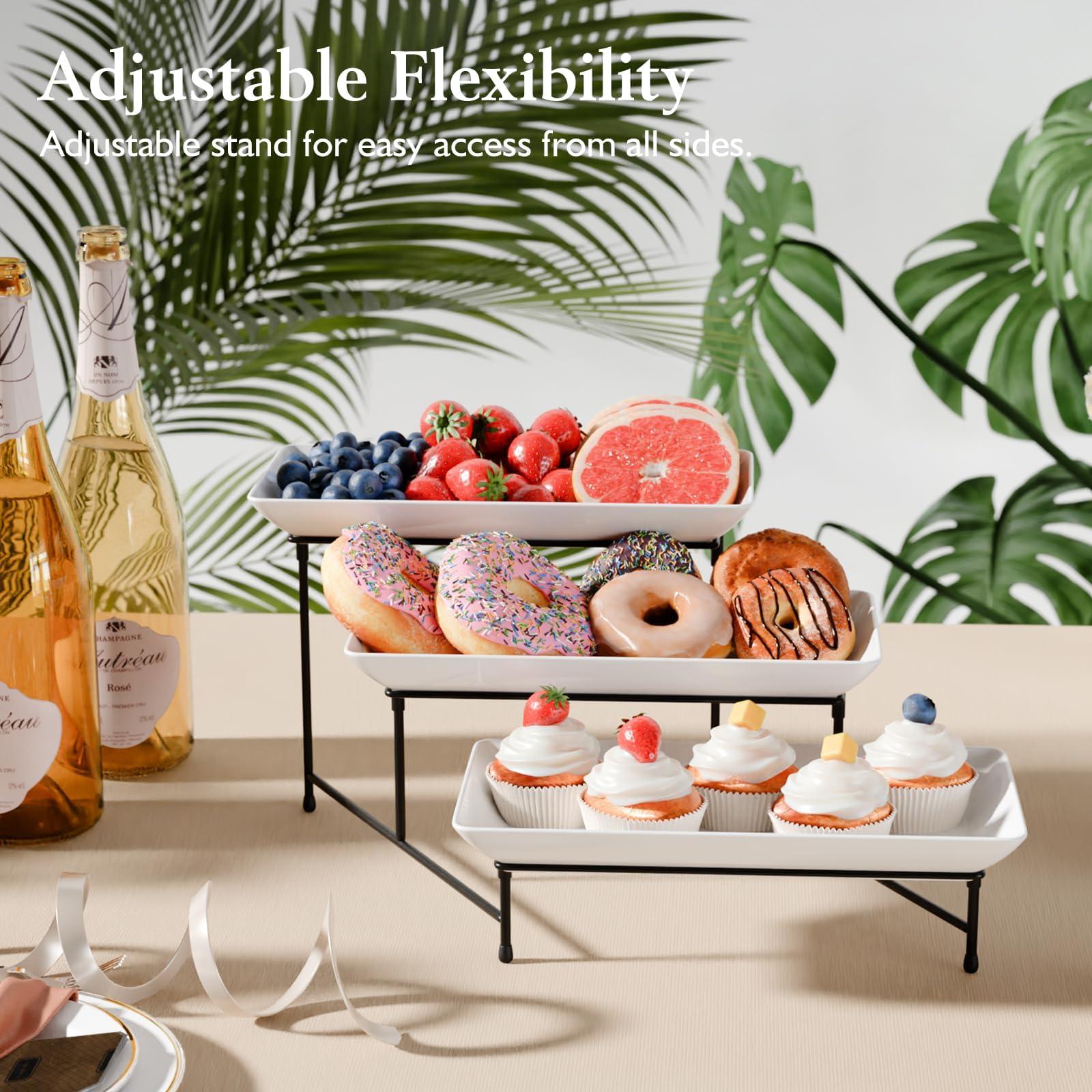 3 Tier Plastic Serving Tray for Party, 11.5" x 5.6" Platters for Serving Food, Microwave-Safe, White Reusable Trays with Black Metal Display Stand for Cupcakes, Sevring Food, Dessert, Fruit, Black - Image 2