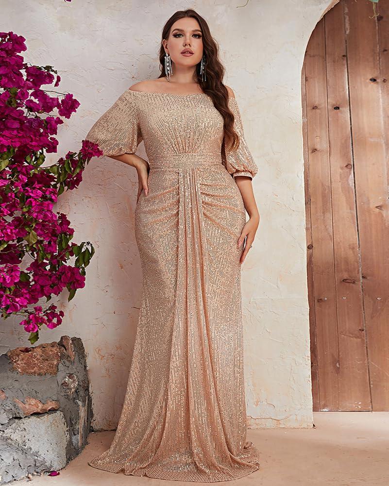 Women's Plus Size Off Shoulder Puff Sleeve Sequin Formal Maxi Dress Evening Party Gowns - Image 2