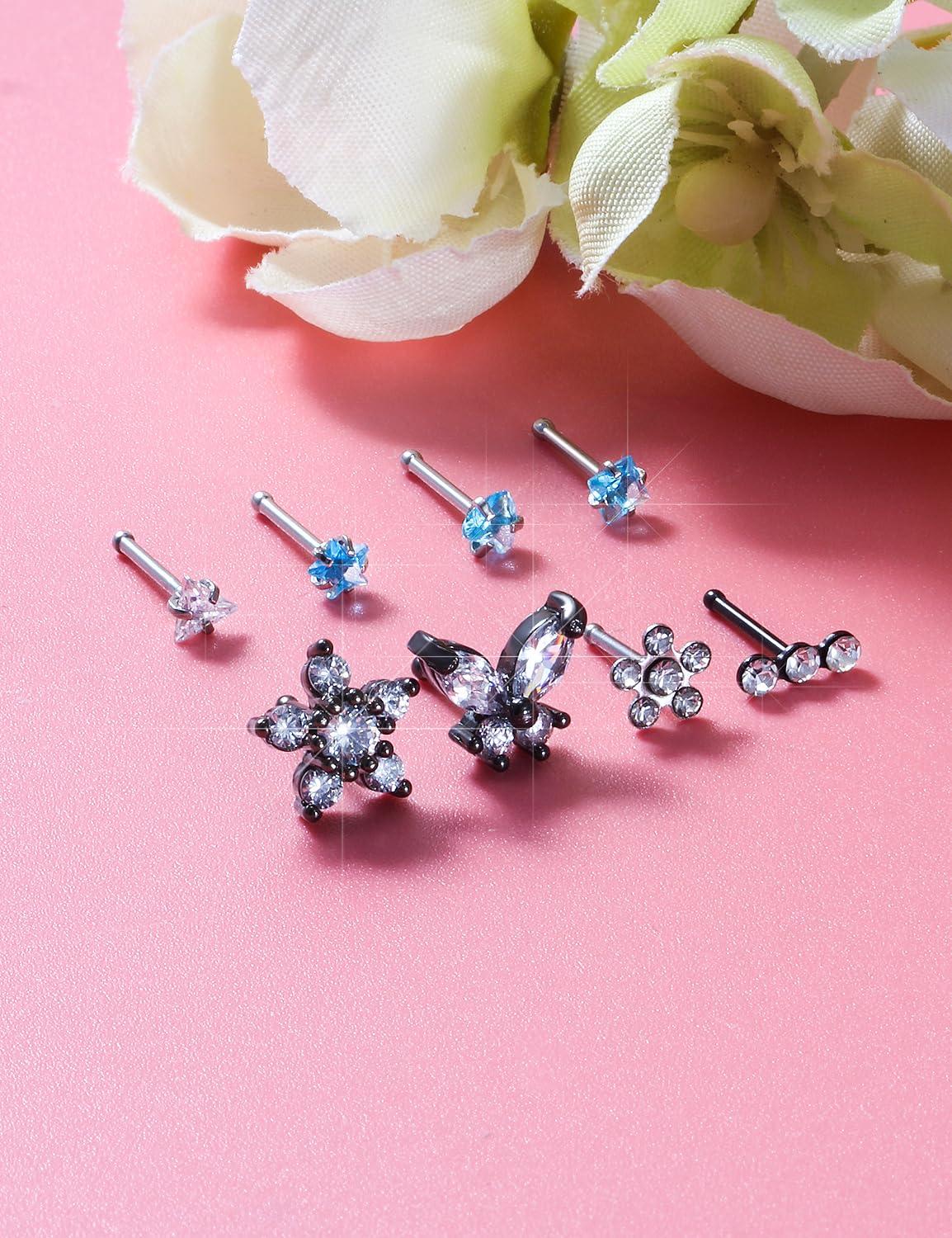 Gadeaila Surgical Steel Nose Ring 20G - Hypoallergenic Nose Studs With Cute Flat Opal Flower Diamond Heart - Straight L Shaped Purple, Pink, Black, Silver for Women Men Gift - Image 7