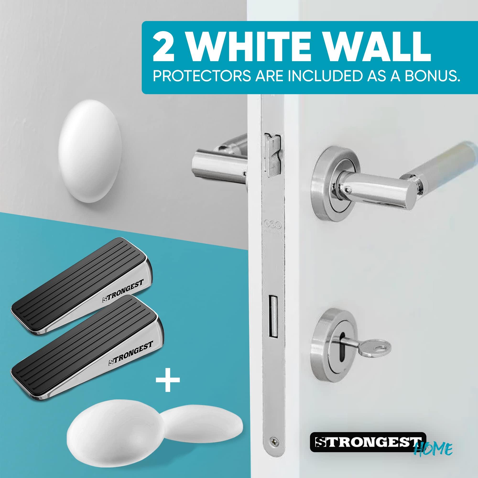 Strongest Home Heavy Duty Door Stopper Wedge (2 Chrome PCs) | Non-Slip Rubber and Metal Door Stop for Heavy Doors| Work on Wood, Tile, Carpet + 2 White Wall Protectors - Image 5