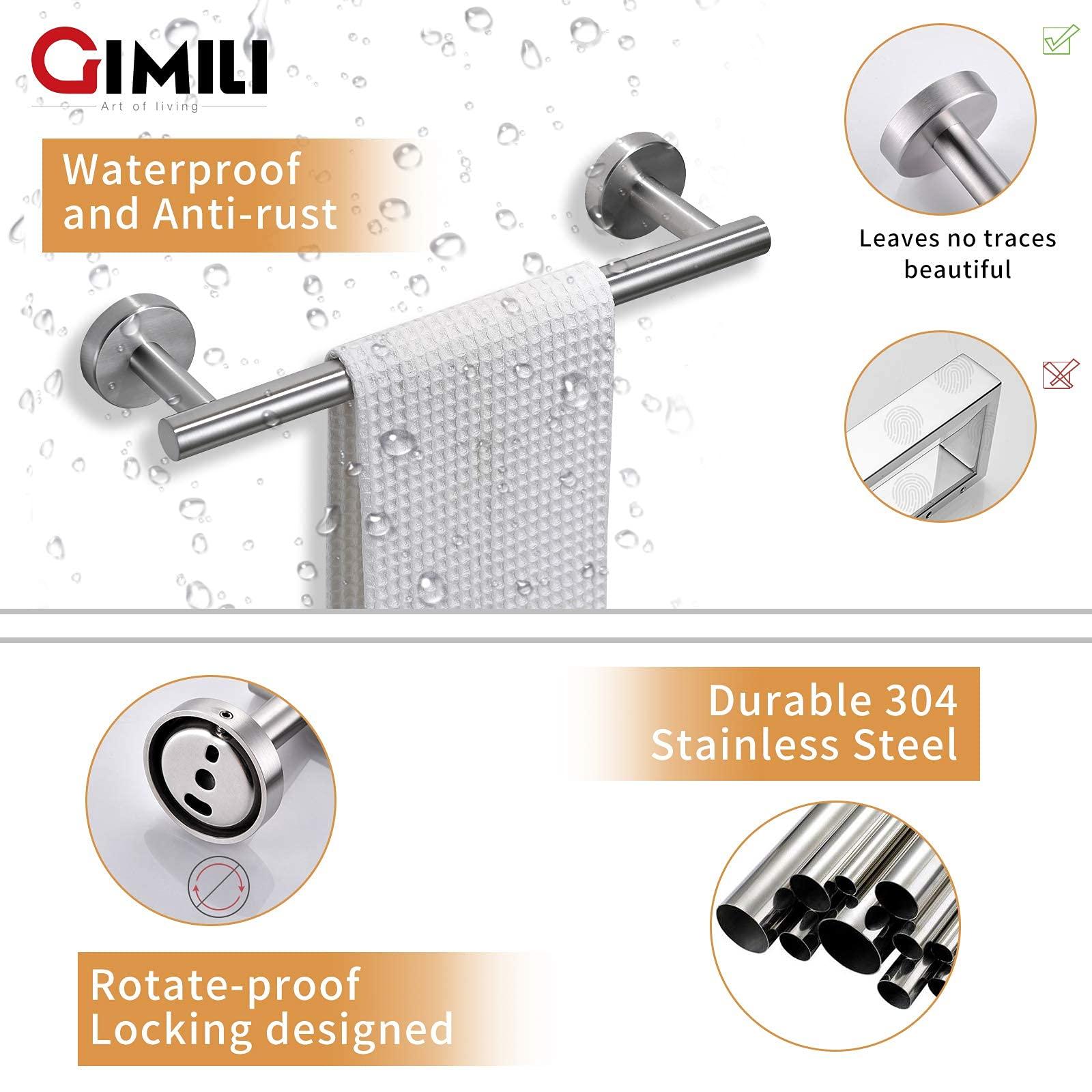 GIMILI 2 Pack 4 Piece Bathroom Hardware Set Brushed Nickel,Stainless Steel Bathroom Accessories Set, Towel bar Kit Wall Mounted, Toilet Paper Holder, Towel Bars, Robe Hook,Towel Rails and Rings - Image 8