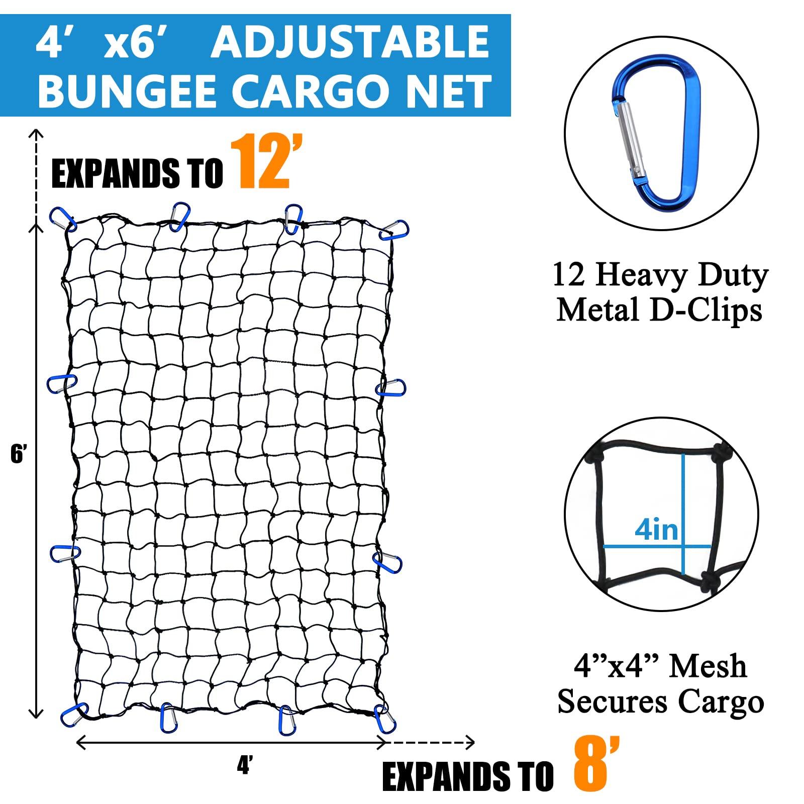 Funmit 4 x 6 Ft Cargo Net for Roof Basket and Pickup Bed, Nice Elasticity Stretches to 8 x 12 Ft with 24 Carabiners, Bungee Cargo Netting Design for Most Car Models - Image 3