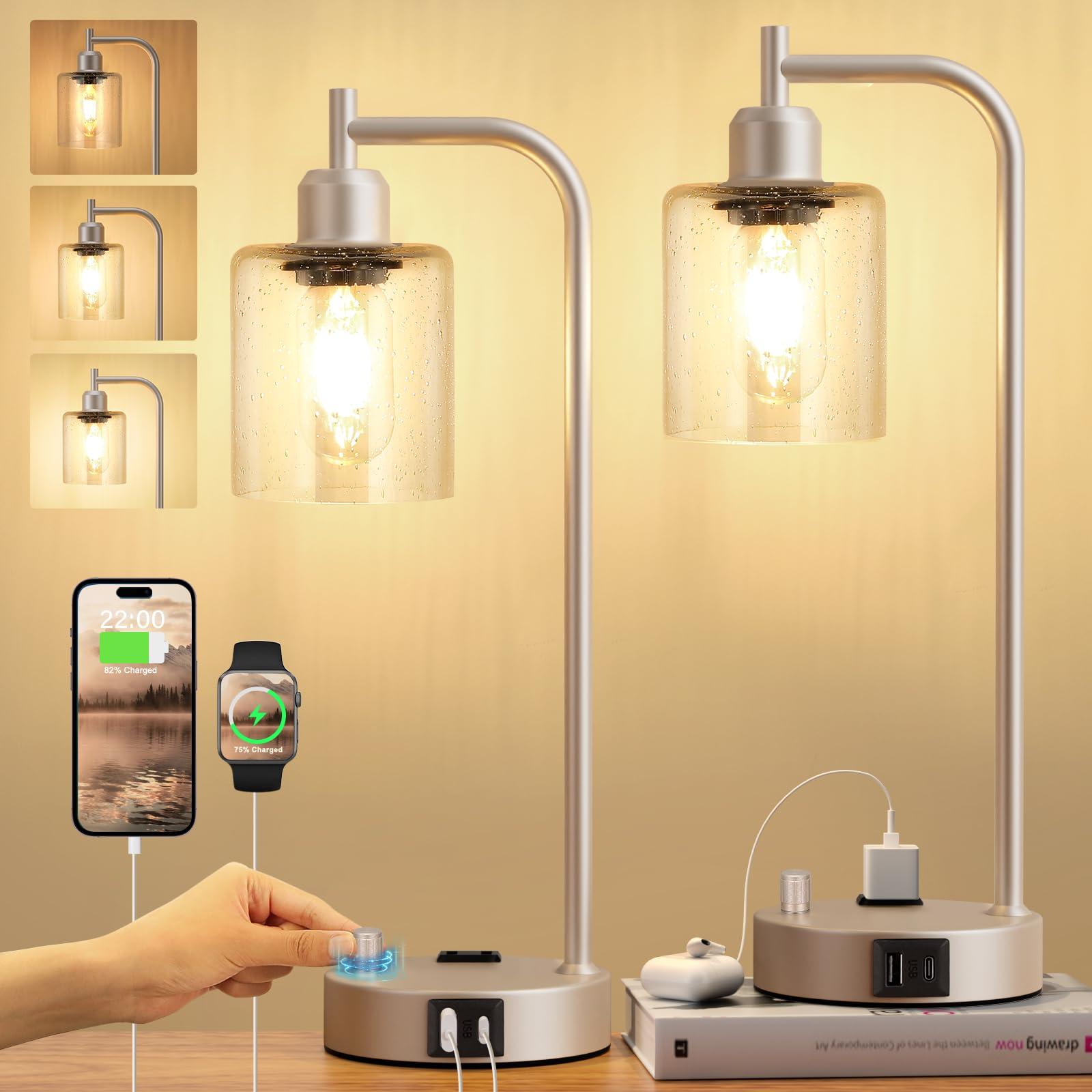 Industrial Table Lamps for Bedrooms Set of 2 - Fully Dimmable Bedside Lamps with USB Ports and Outlet, Champagne Gold Nightstand Lamps with Glass Shade for Living Room, Desk Lamps for Office Reading