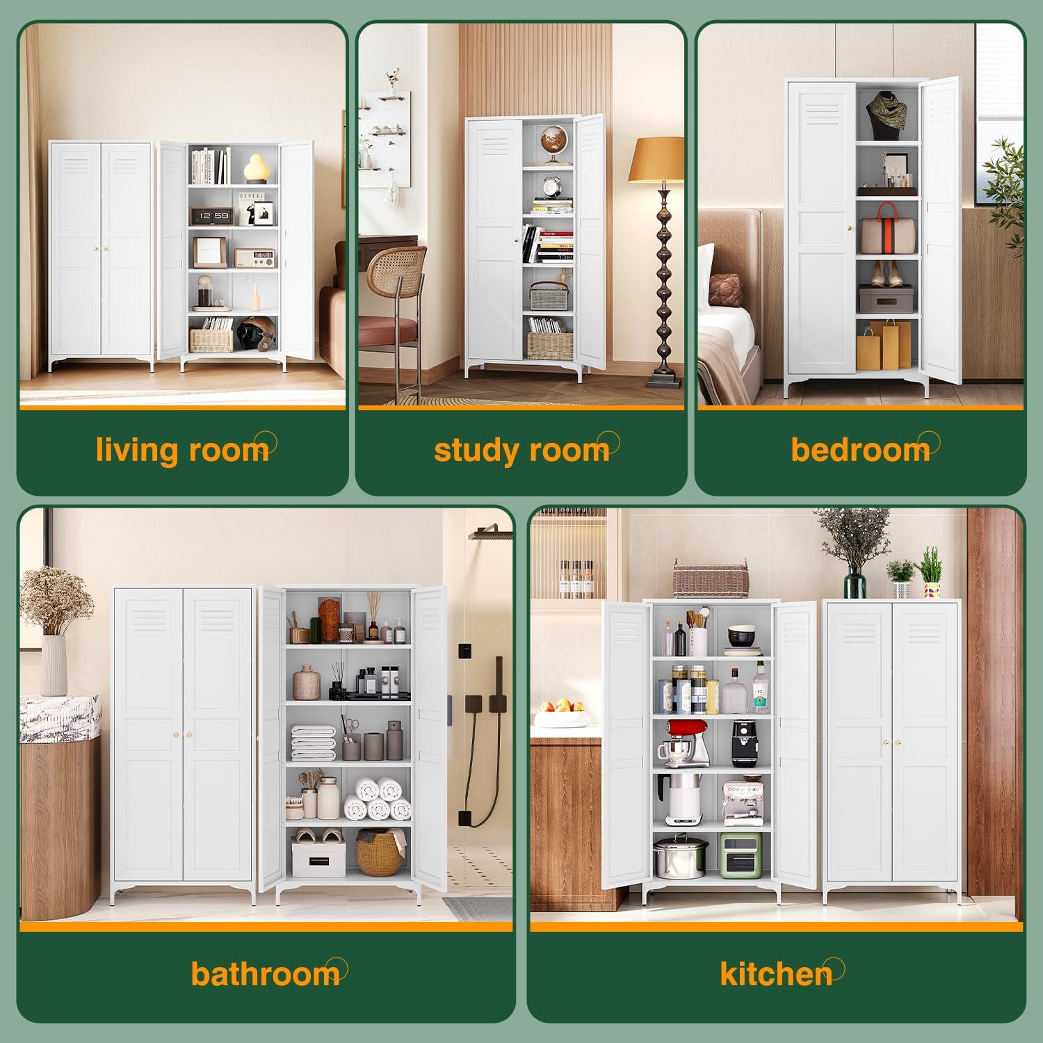 Letaya White Storage Cabinet with Feets-Metal Home Kitchen Pantry Cabinets with Doors and Adjustable Shelves,Organization Locker for Cupboard/Bedroom/Dining/Living/Bathroom/Office/Garage Room (White) - Image 4