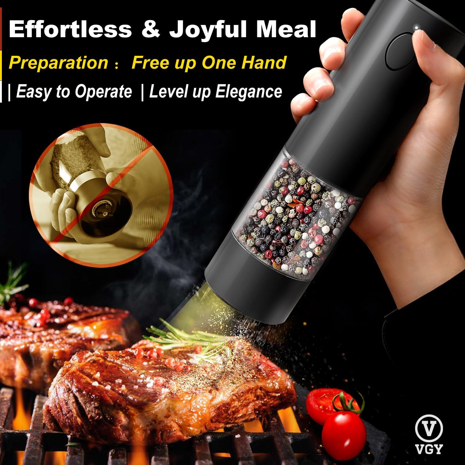 VGY Electric Salt and Pepper Grinder Set Rechargeable, 2 Pack Automatic One-Handed Operation Pepper Mills, 5 Adjustable Coarseness Levels, LED Light, Washable 95ml-Container, USB Charging - Image 2