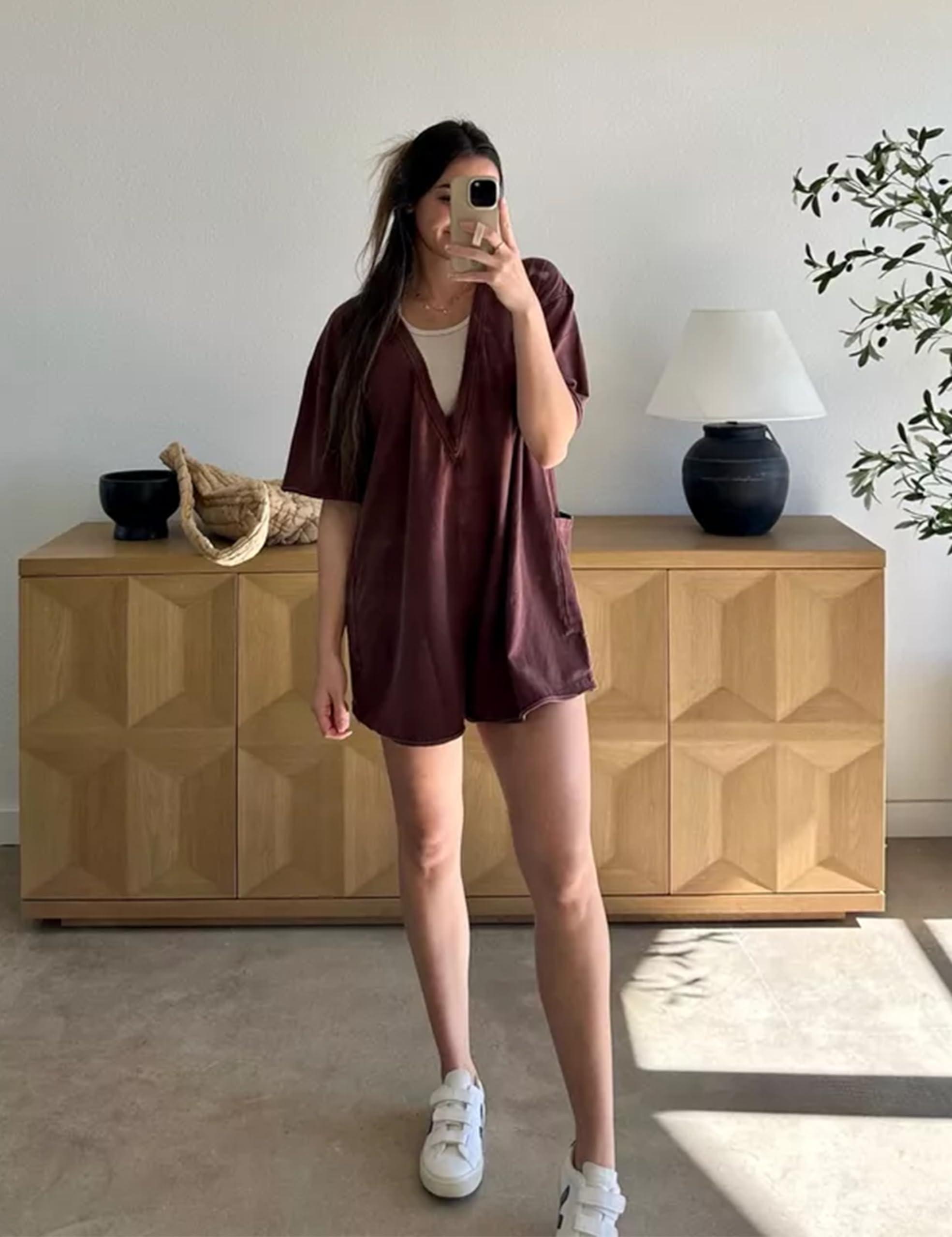 Yeokou Rompers for Women Casual Short Sleeve Oversized Athletic Workout Reversible Hot Shot Tee Romper Deep Pockets - Image 5