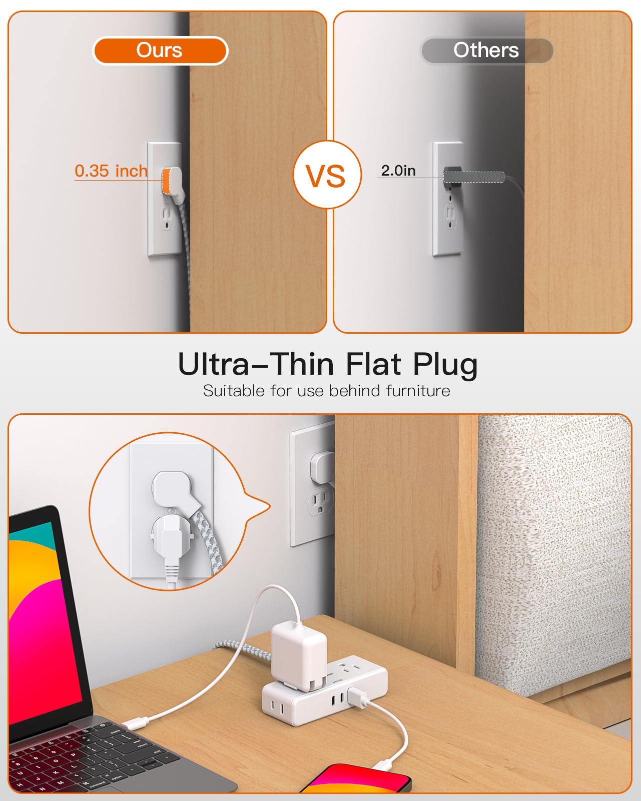 Flat Extension Cord 6 feet, Flat Plug Power Strip, 4 Widely Outlets with 3 USB Ports (2 USB C), 3 Side Outlet Extender with Extension Cord with Multiple Outlets for Home, Office, Dorm Room Essentials - Image 4