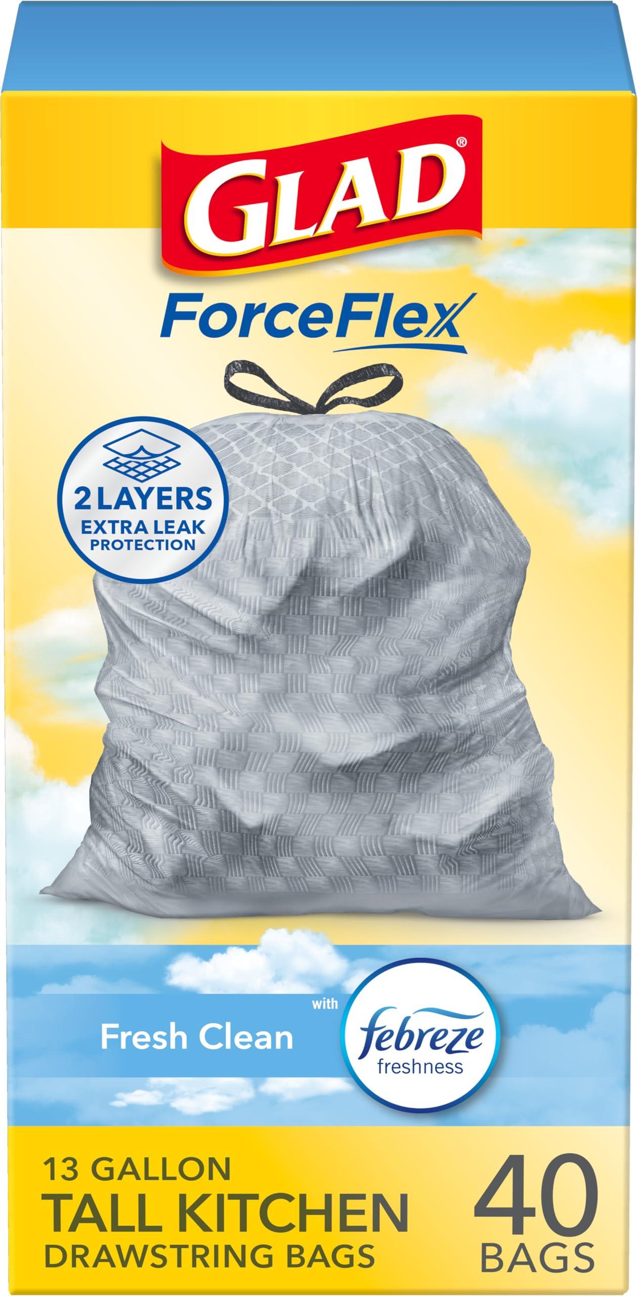 Glad Tall Kitchen Trash Bags 13 Gallon, Febreze Fresh Clean Garbage Bags, Odorshield with Drawstring, 40 Count
